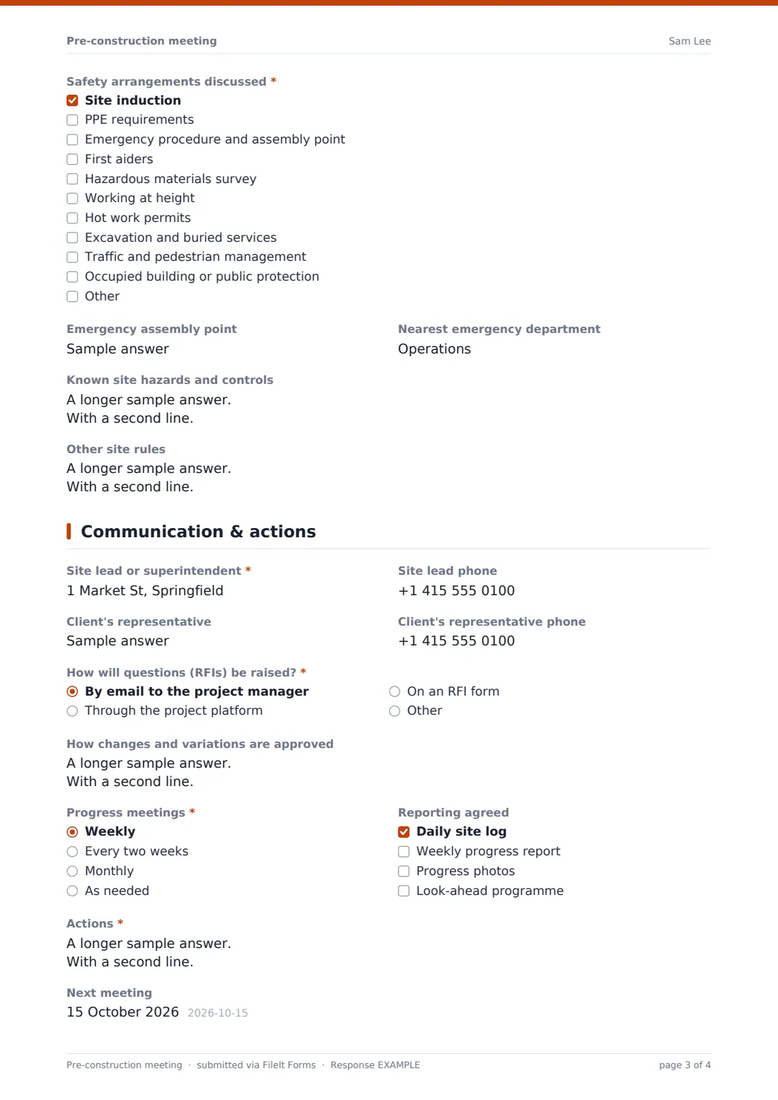 Pre-construction meeting — example response PDF, page 3 of 4