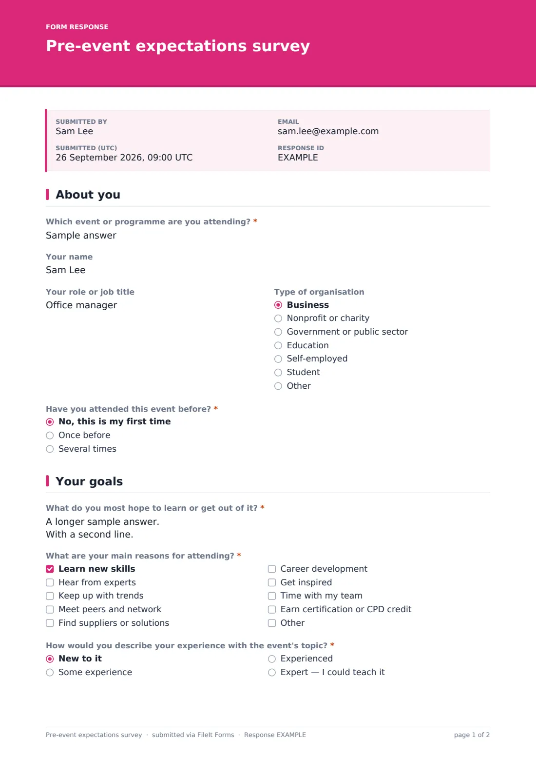 Pre-event expectations survey — example response PDF, page 1 of 2
