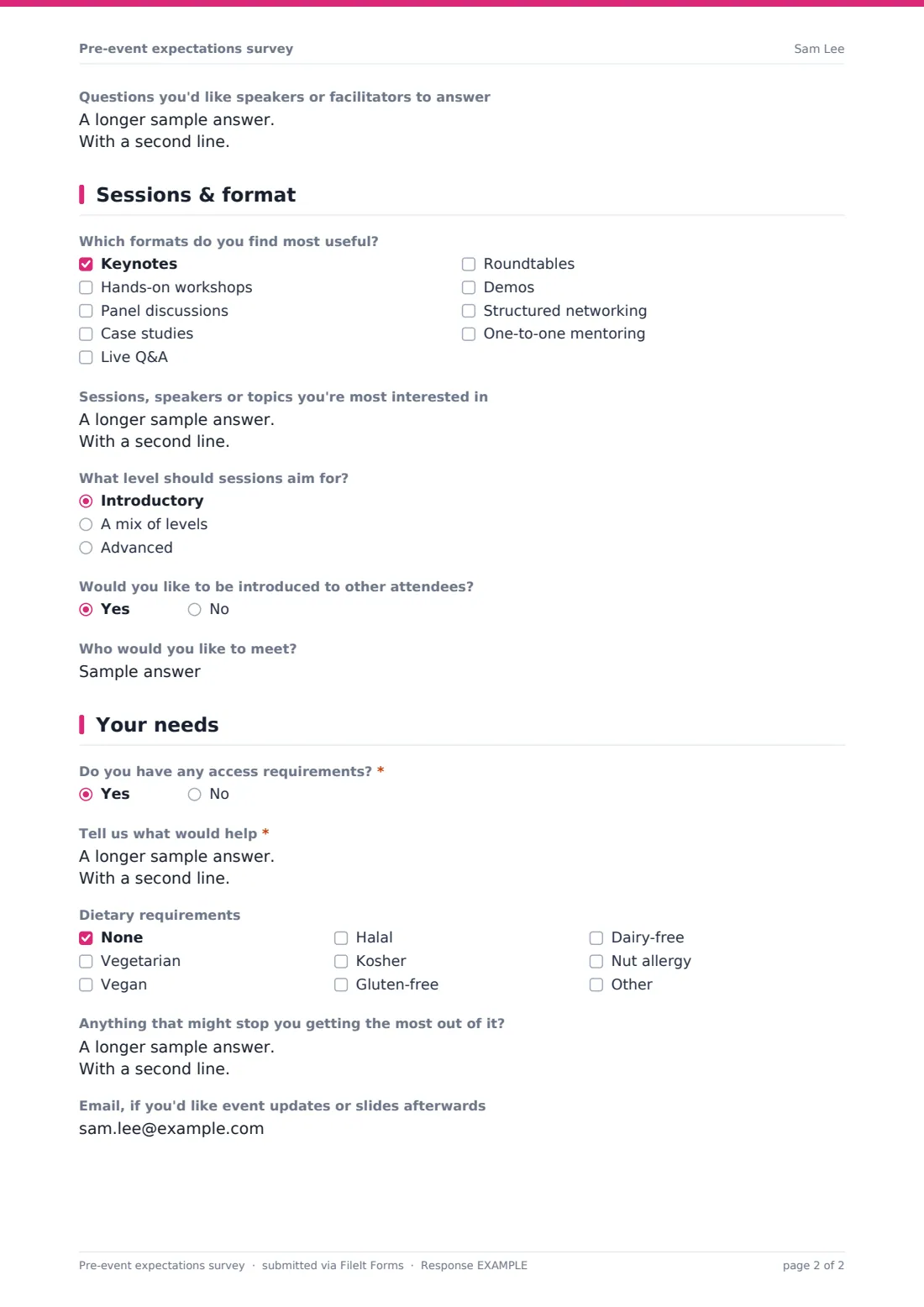 Pre-event expectations survey — example response PDF, page 2 of 2