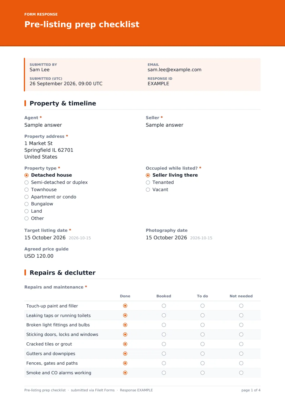 Pre-listing prep checklist — example response PDF, page 1 of 4