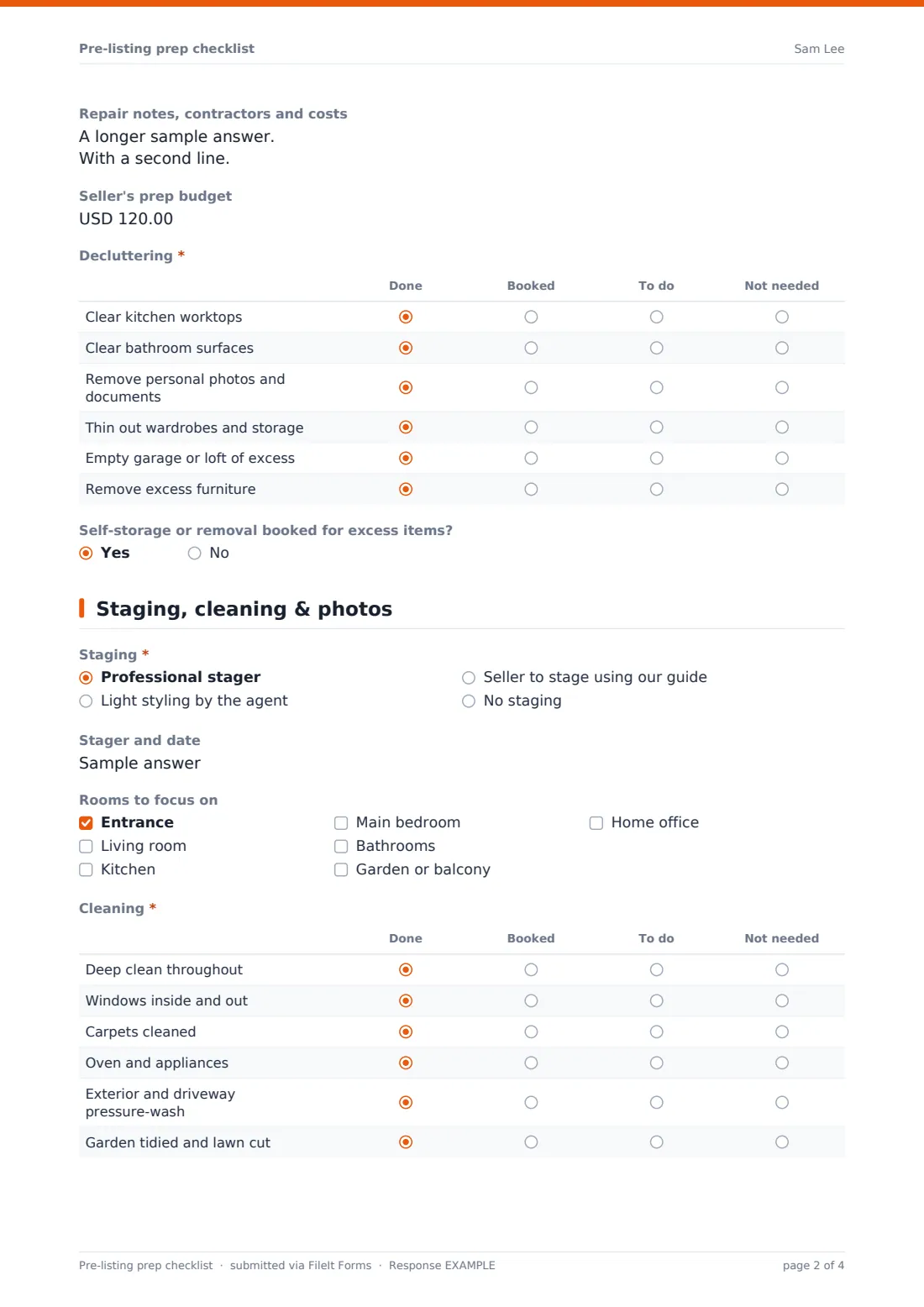 Pre-listing prep checklist — example response PDF, page 2 of 4
