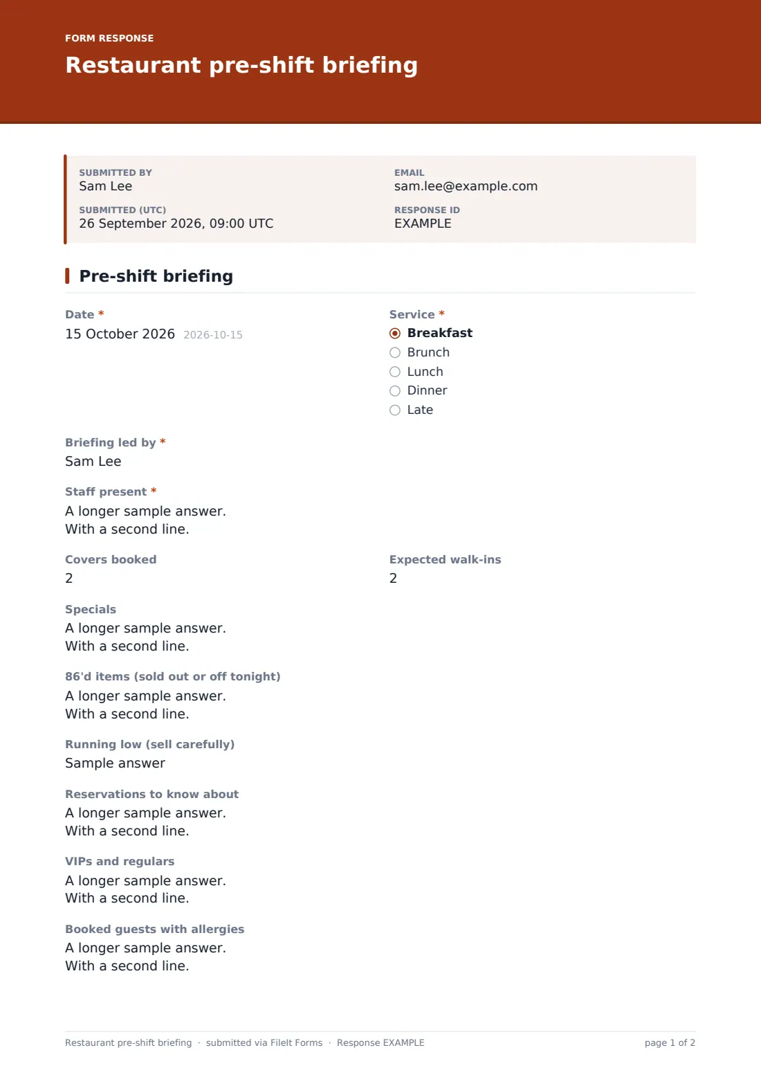 Restaurant pre-shift briefing — example response PDF, page 1 of 2
