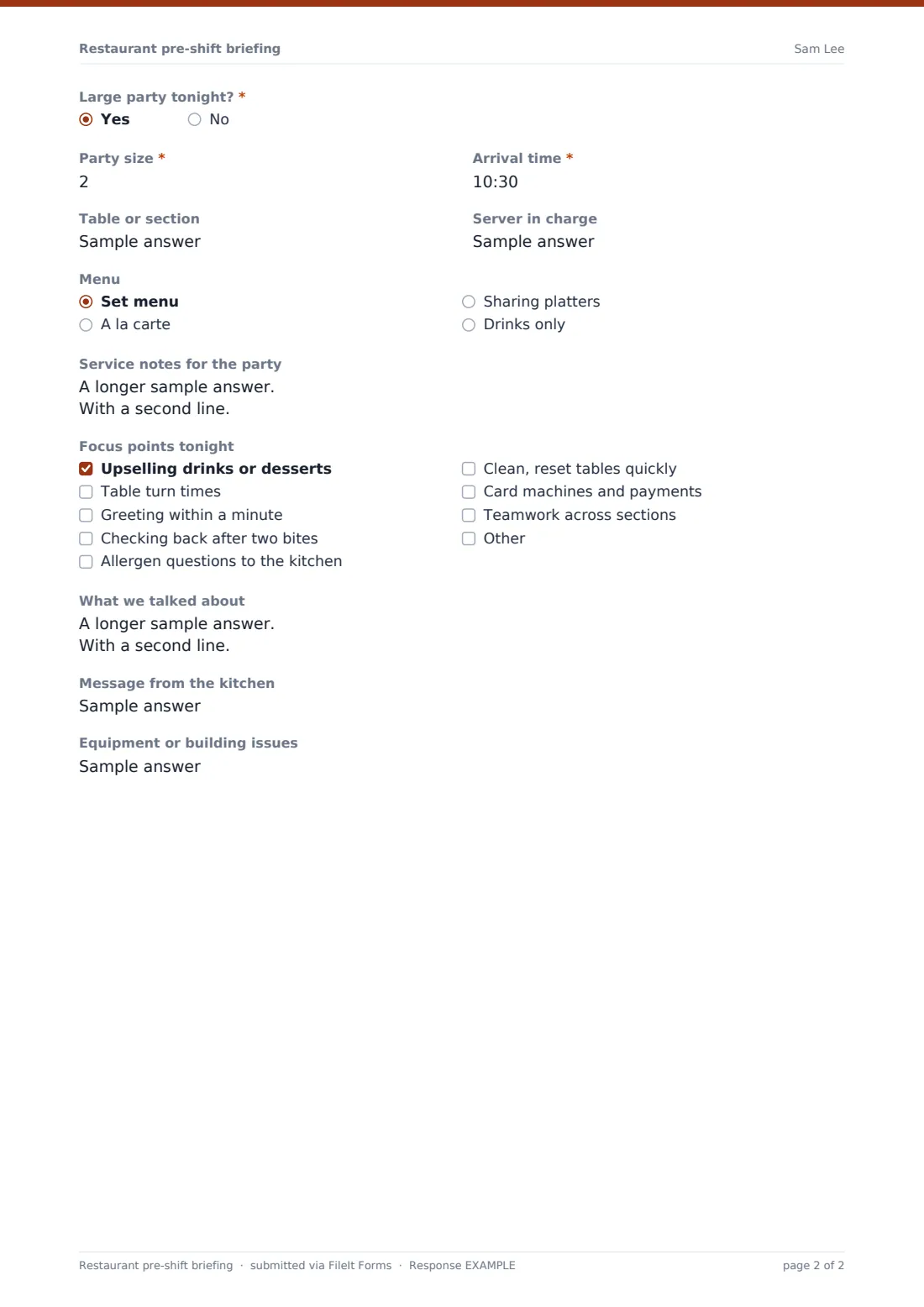 Restaurant pre-shift briefing — example response PDF, page 2 of 2