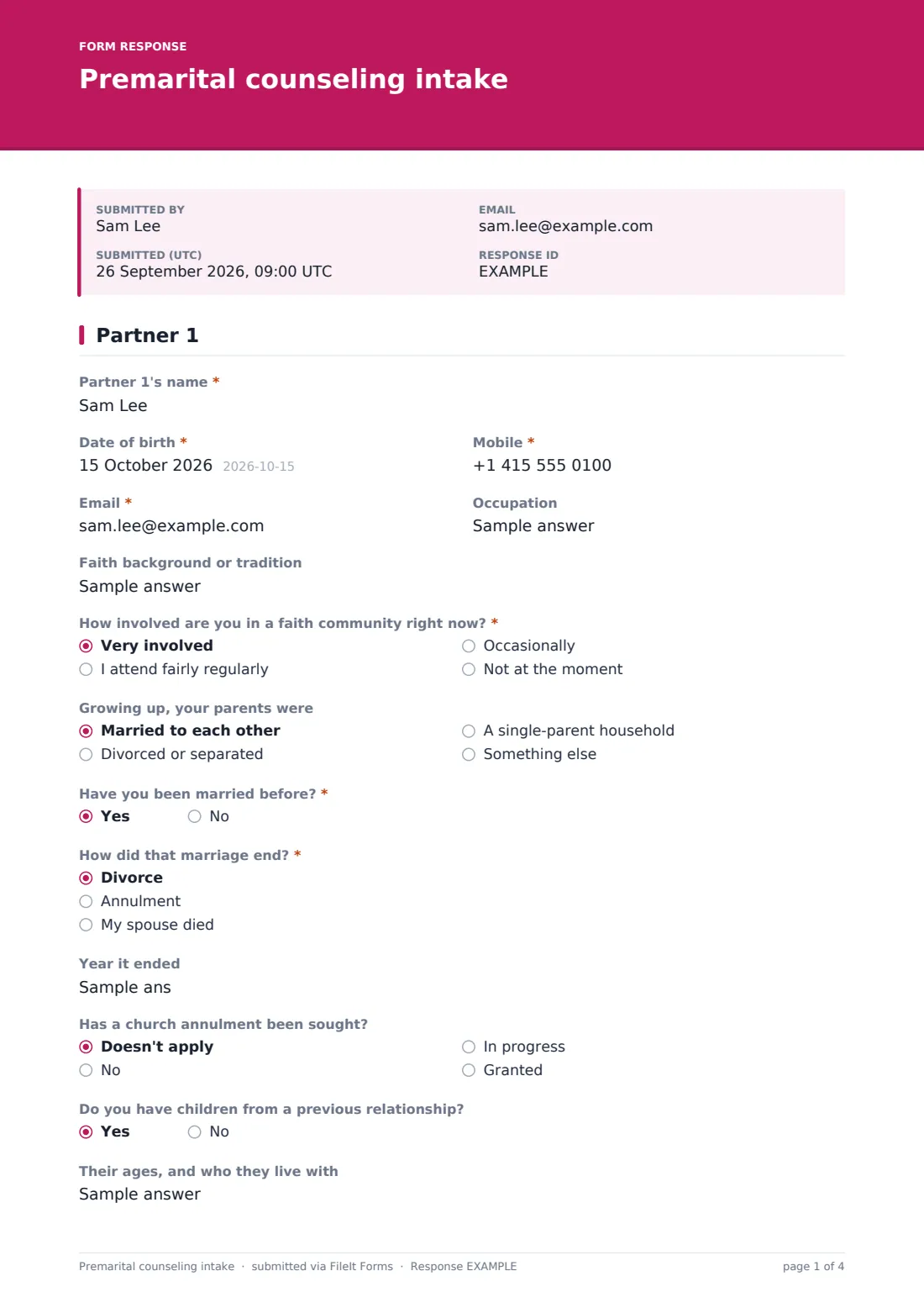 Premarital counseling intake — example response PDF, page 1 of 4