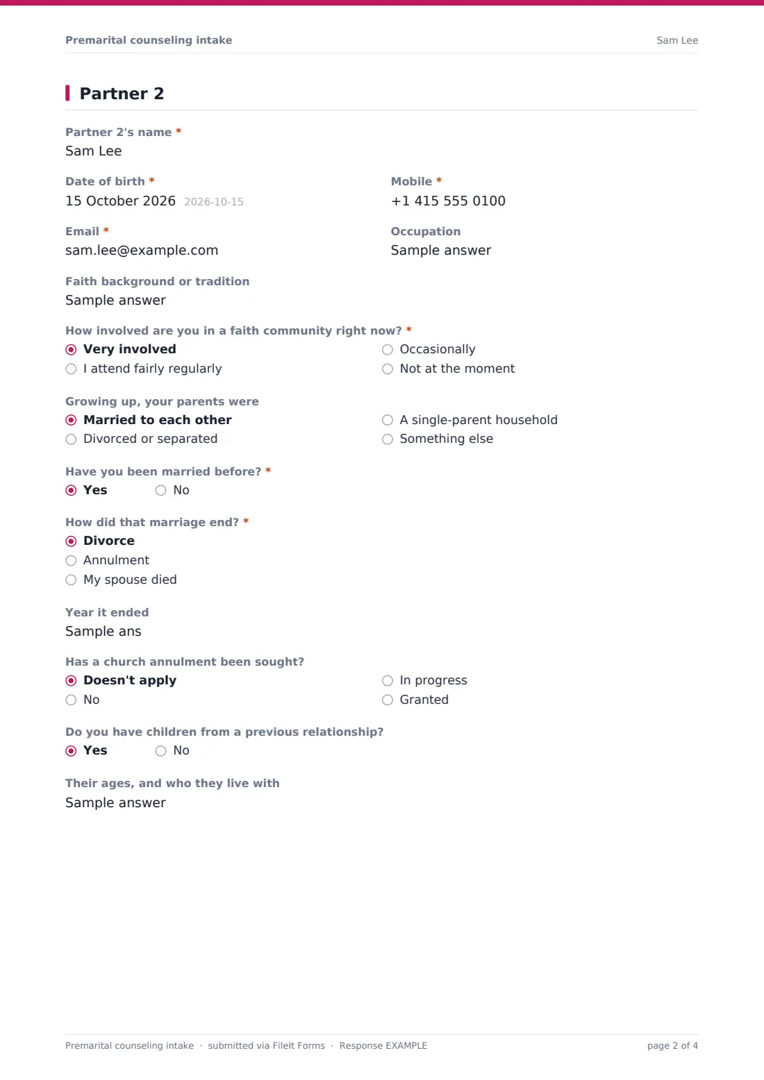 Premarital counseling intake — example response PDF, page 2 of 4