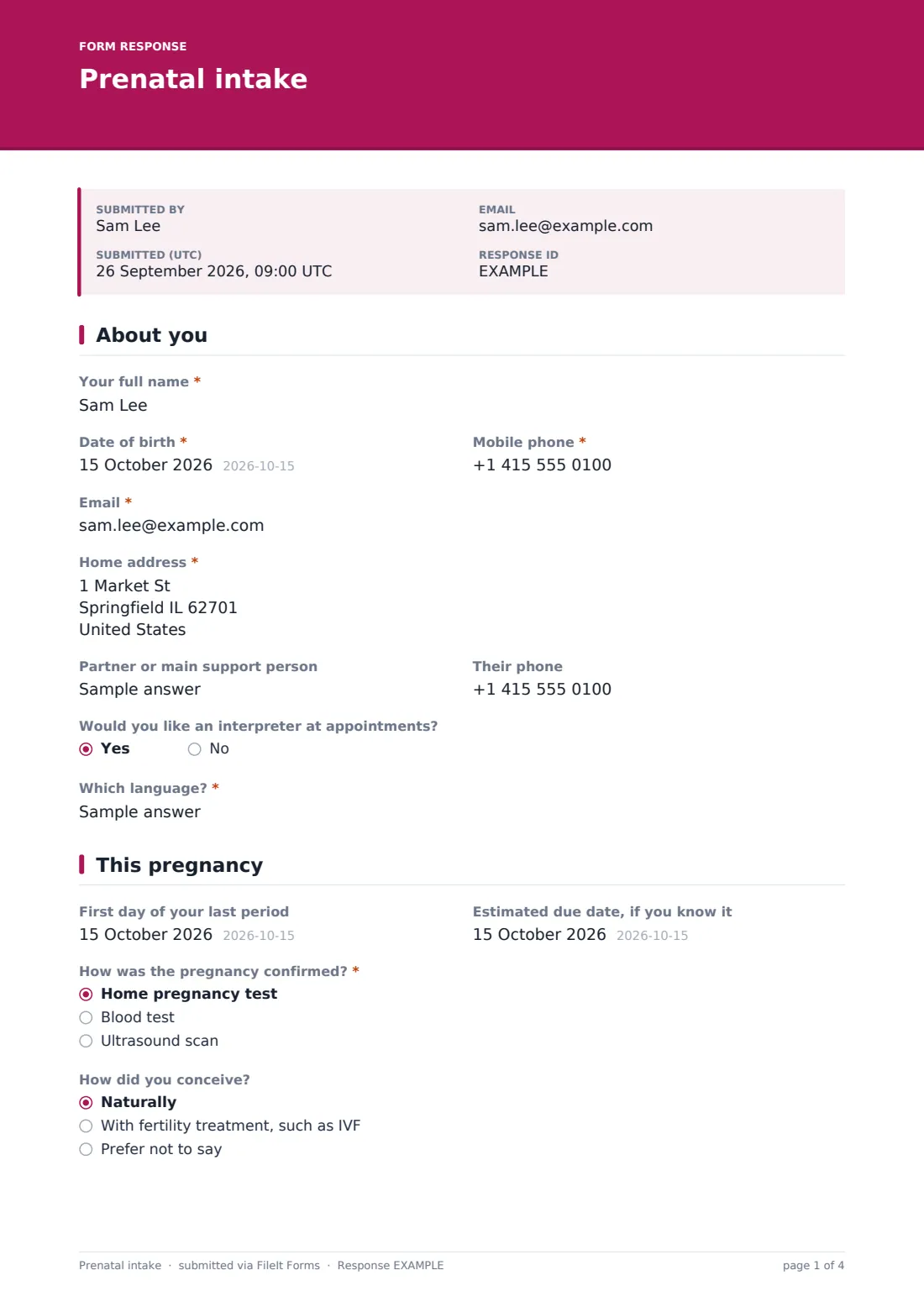 Prenatal intake — example response PDF, page 1 of 4