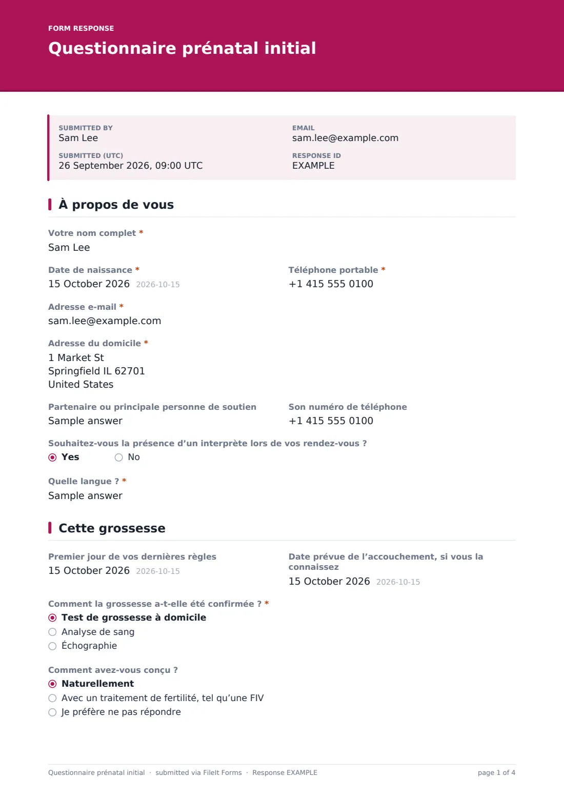 Questionnaire prénatal initial — exemple de réponse au format PDF, page 1 sur 4