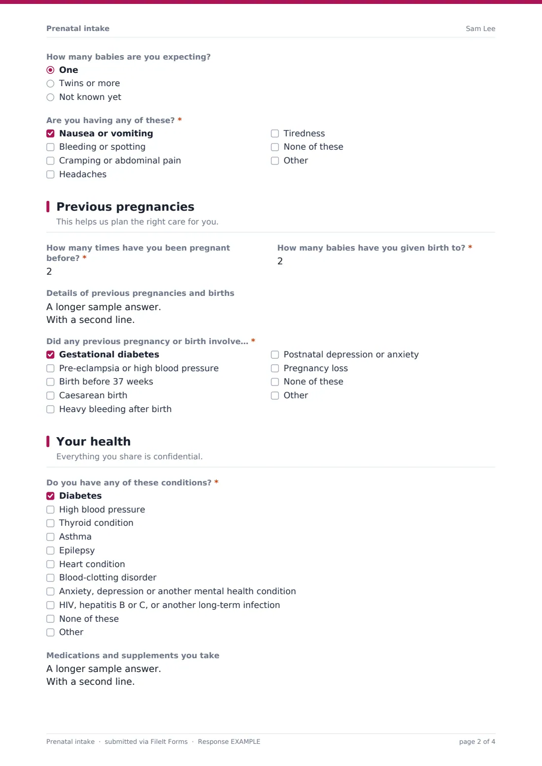 Prenatal intake — example response PDF, page 2 of 4
