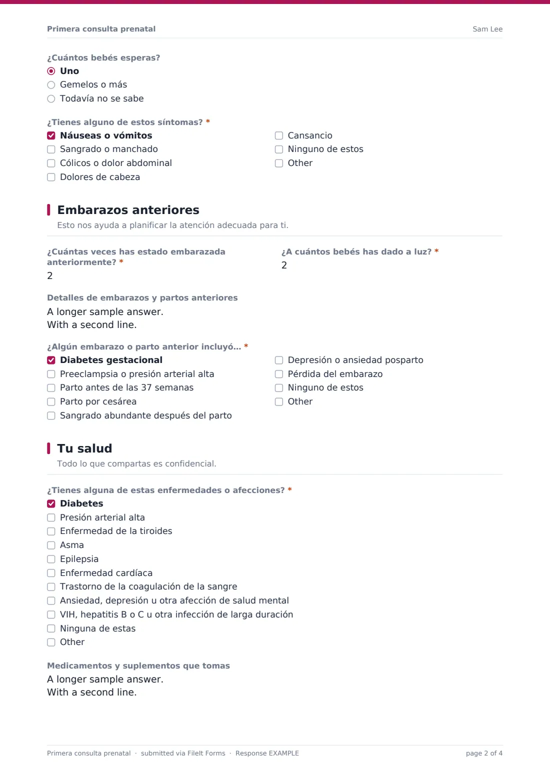 Primera consulta prenatal — PDF de respuesta de ejemplo, página 2 de 4
