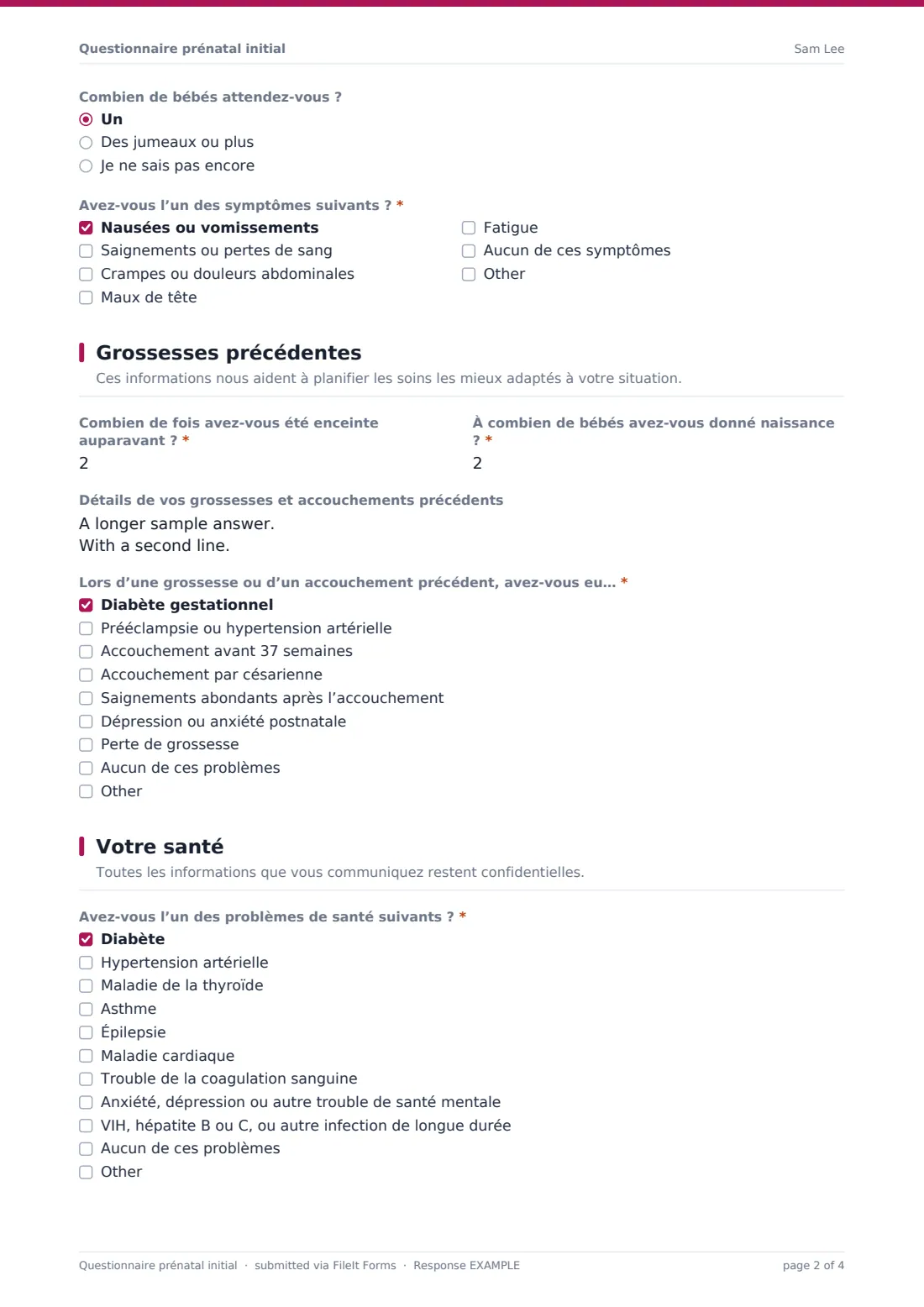 Questionnaire prénatal initial — exemple de réponse au format PDF, page 2 sur 4