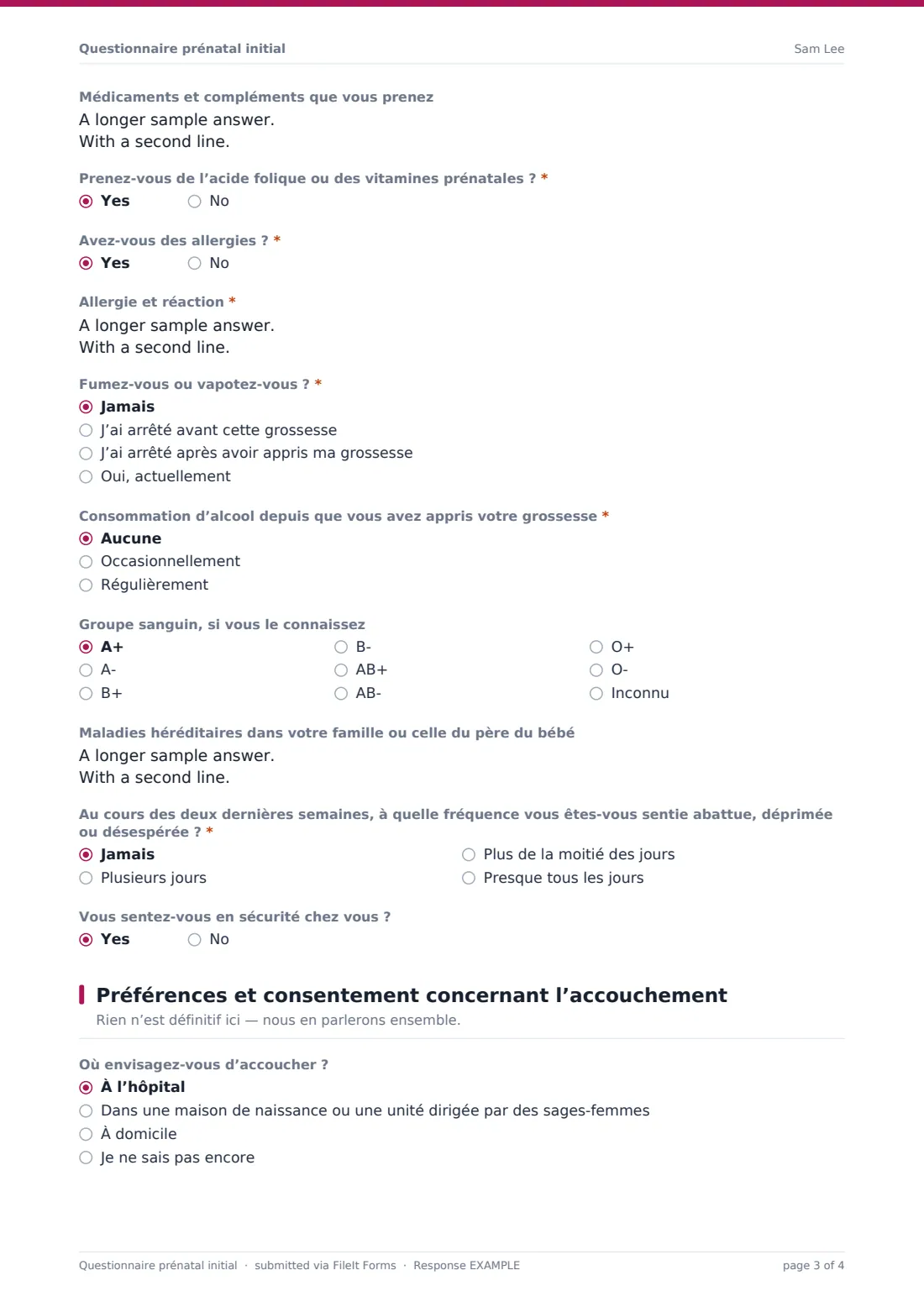 Questionnaire prénatal initial — exemple de réponse au format PDF, page 3 sur 4