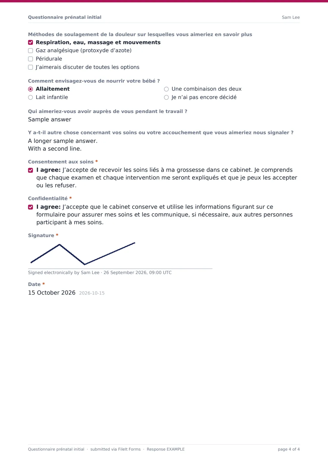 Questionnaire prénatal initial — exemple de réponse au format PDF, page 4 sur 4