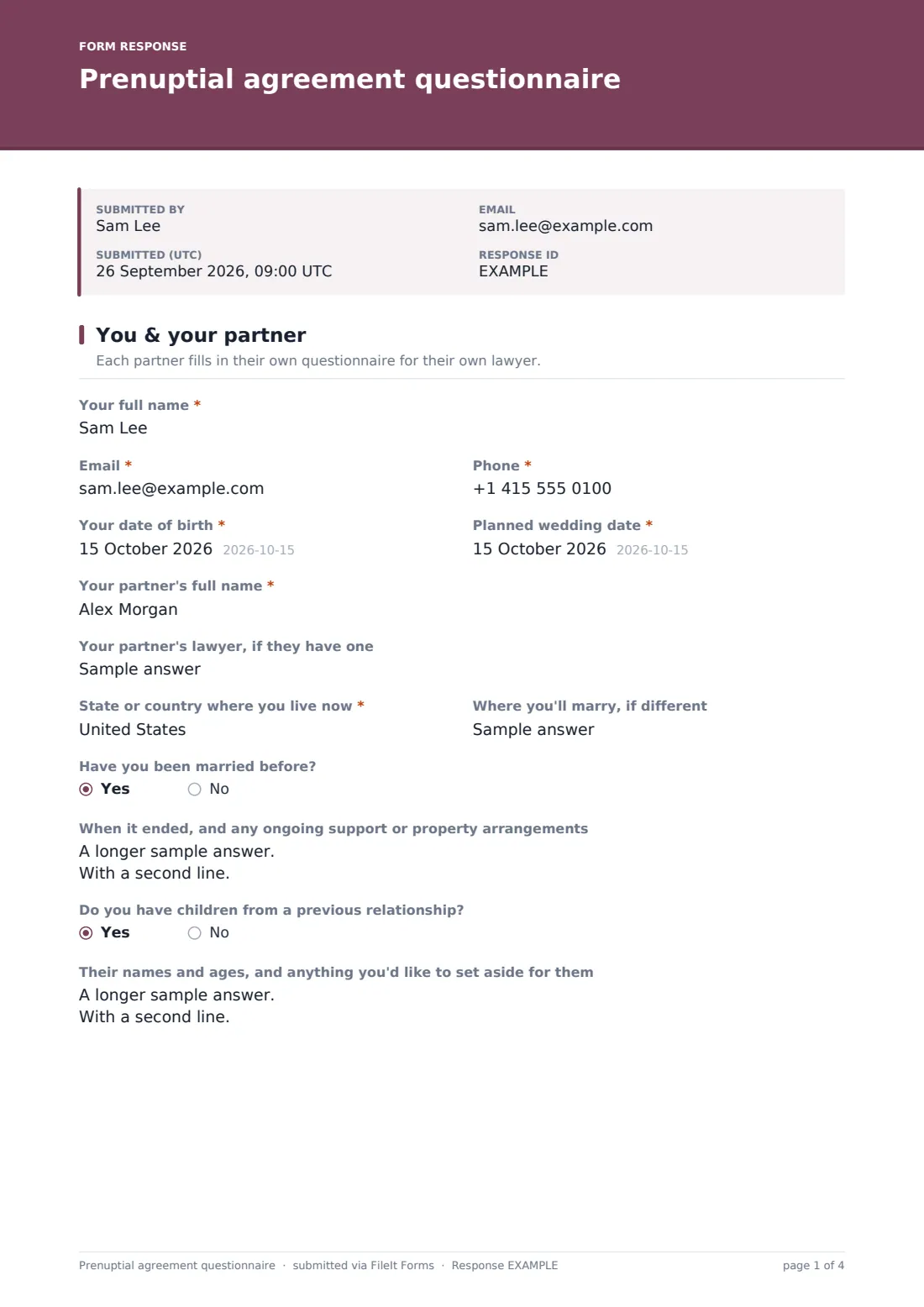 Prenuptial agreement questionnaire — example response PDF, page 1 of 4