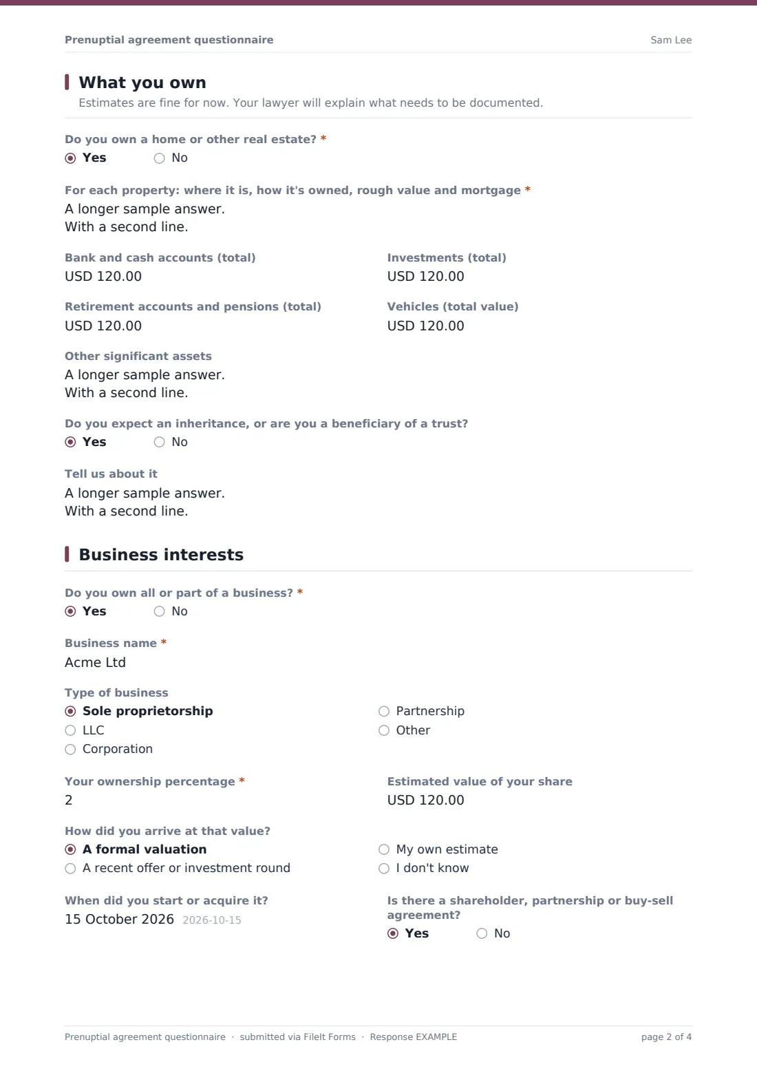 Prenuptial agreement questionnaire — example response PDF, page 2 of 4