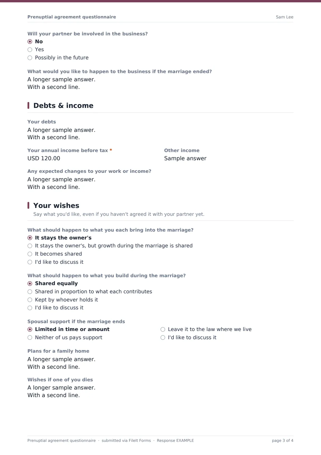 Prenuptial agreement questionnaire — example response PDF, page 3 of 4