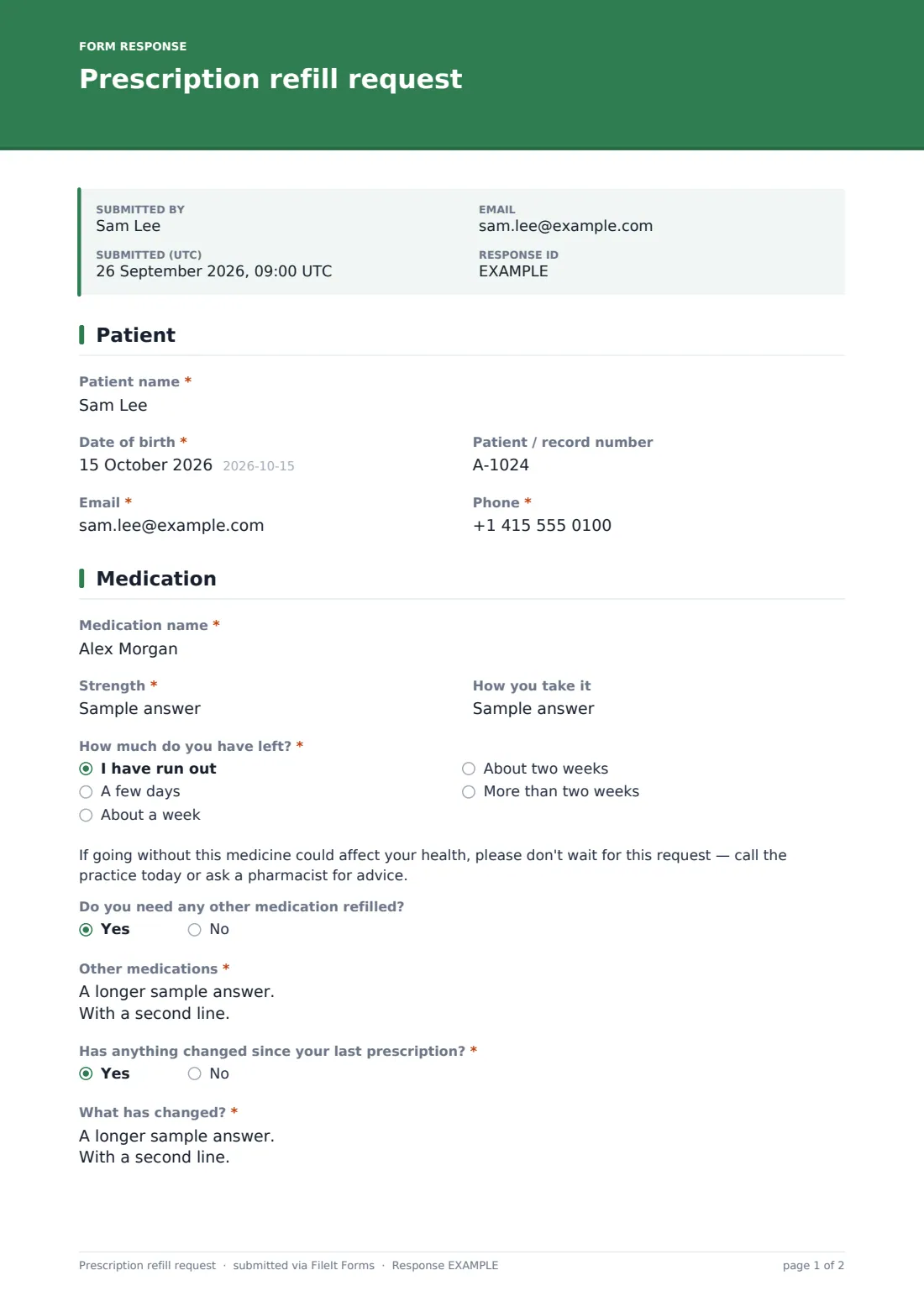 Prescription refill request — example response PDF, page 1 of 2