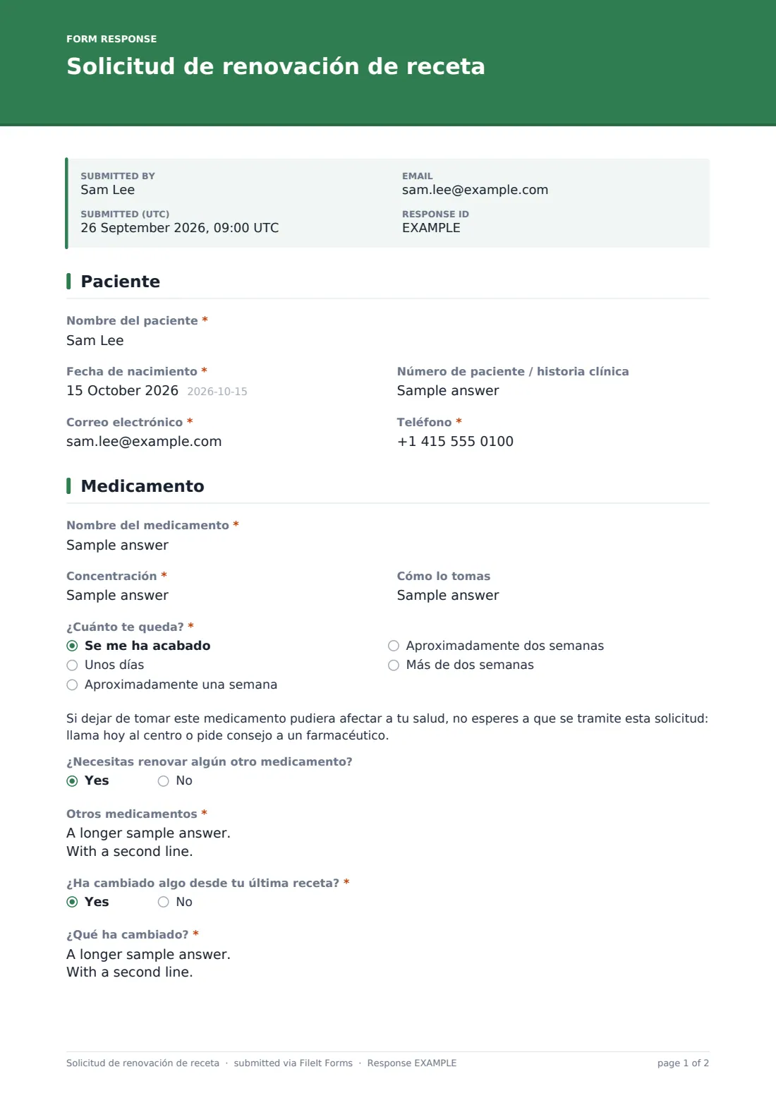 Solicitud de renovación de receta — PDF de respuesta de ejemplo, página 1 de 2