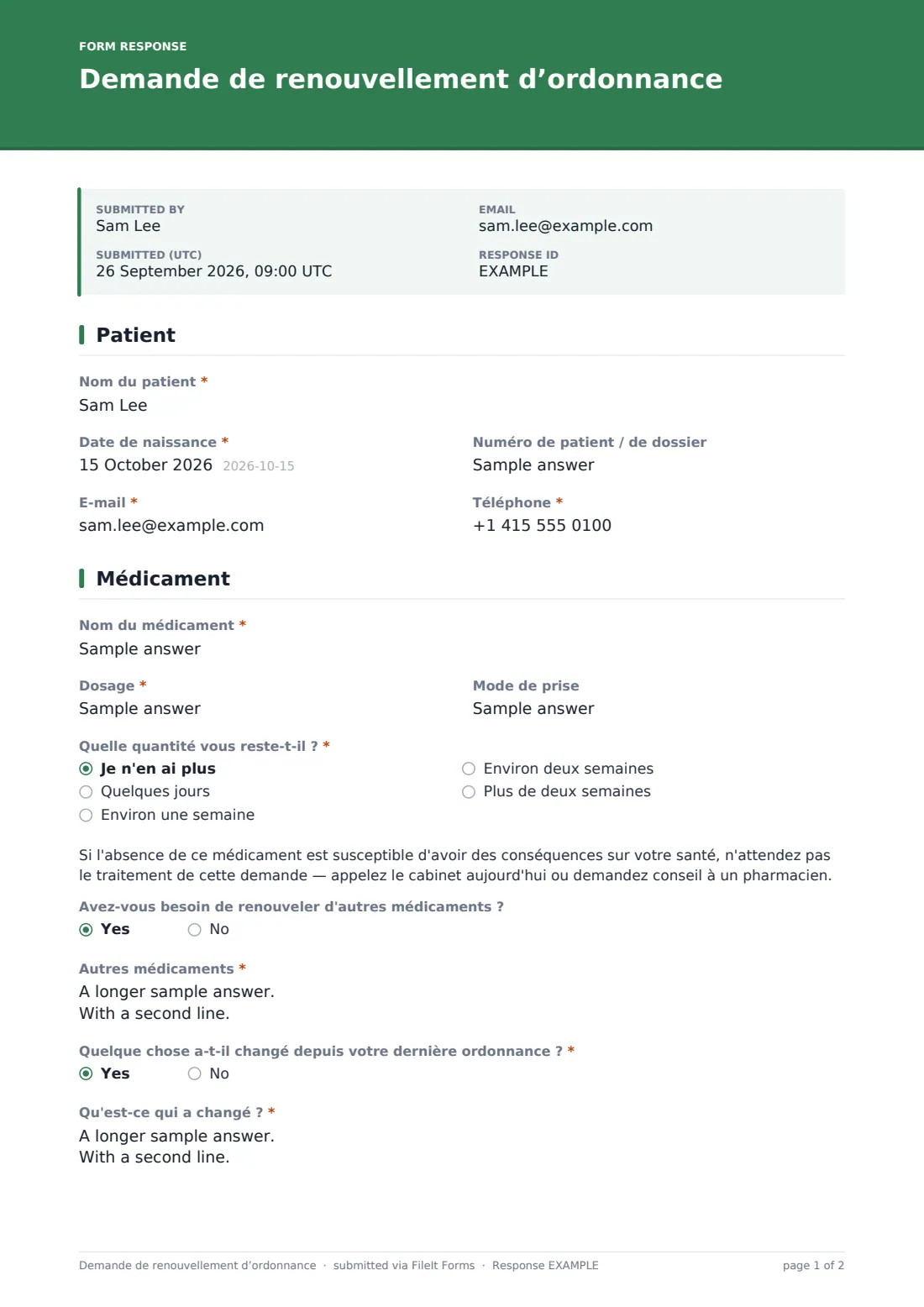 Demande de renouvellement d’ordonnance — exemple de réponse au format PDF, page 1 sur 2