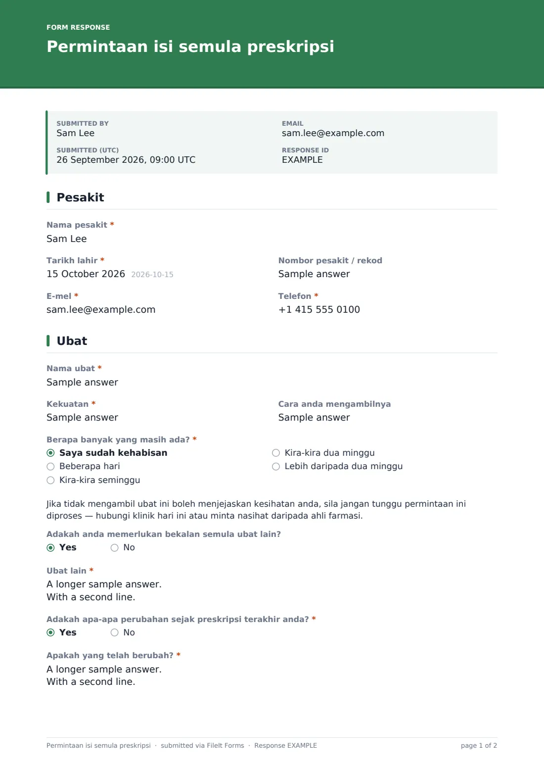 Permintaan isi semula preskripsi — PDF respons contoh, halaman 1 daripada 2