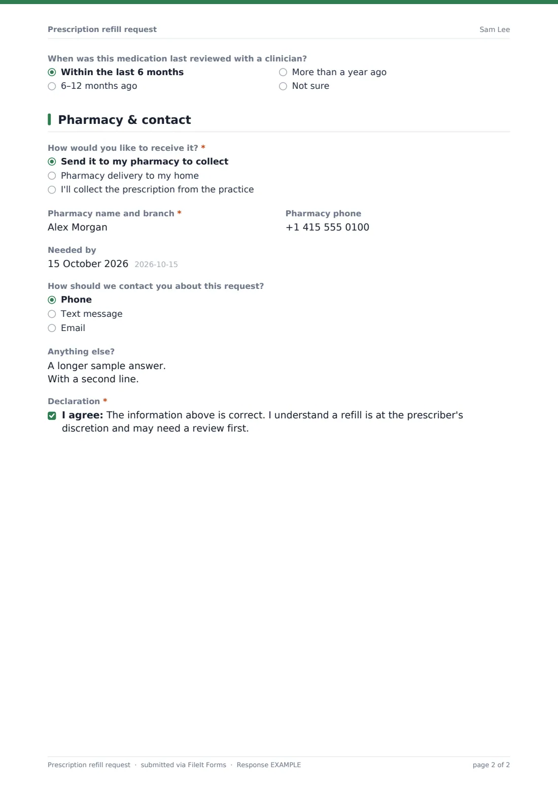 Prescription refill request — example response PDF, page 2 of 2