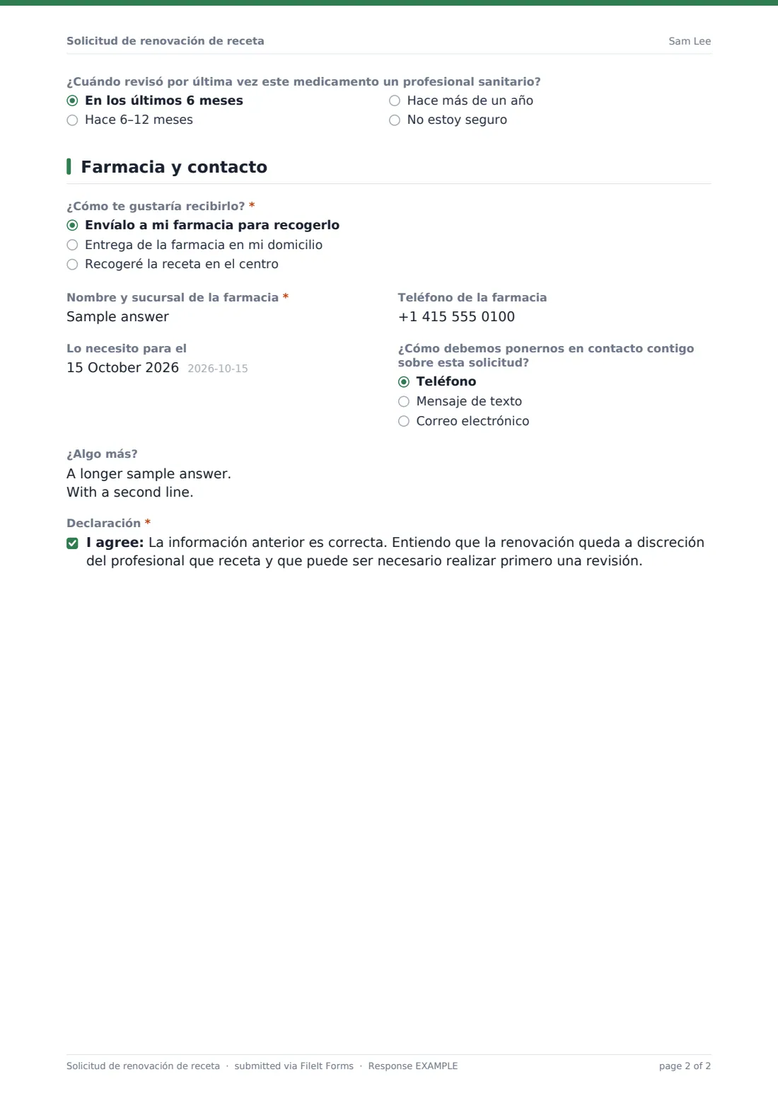 Solicitud de renovación de receta — PDF de respuesta de ejemplo, página 2 de 2