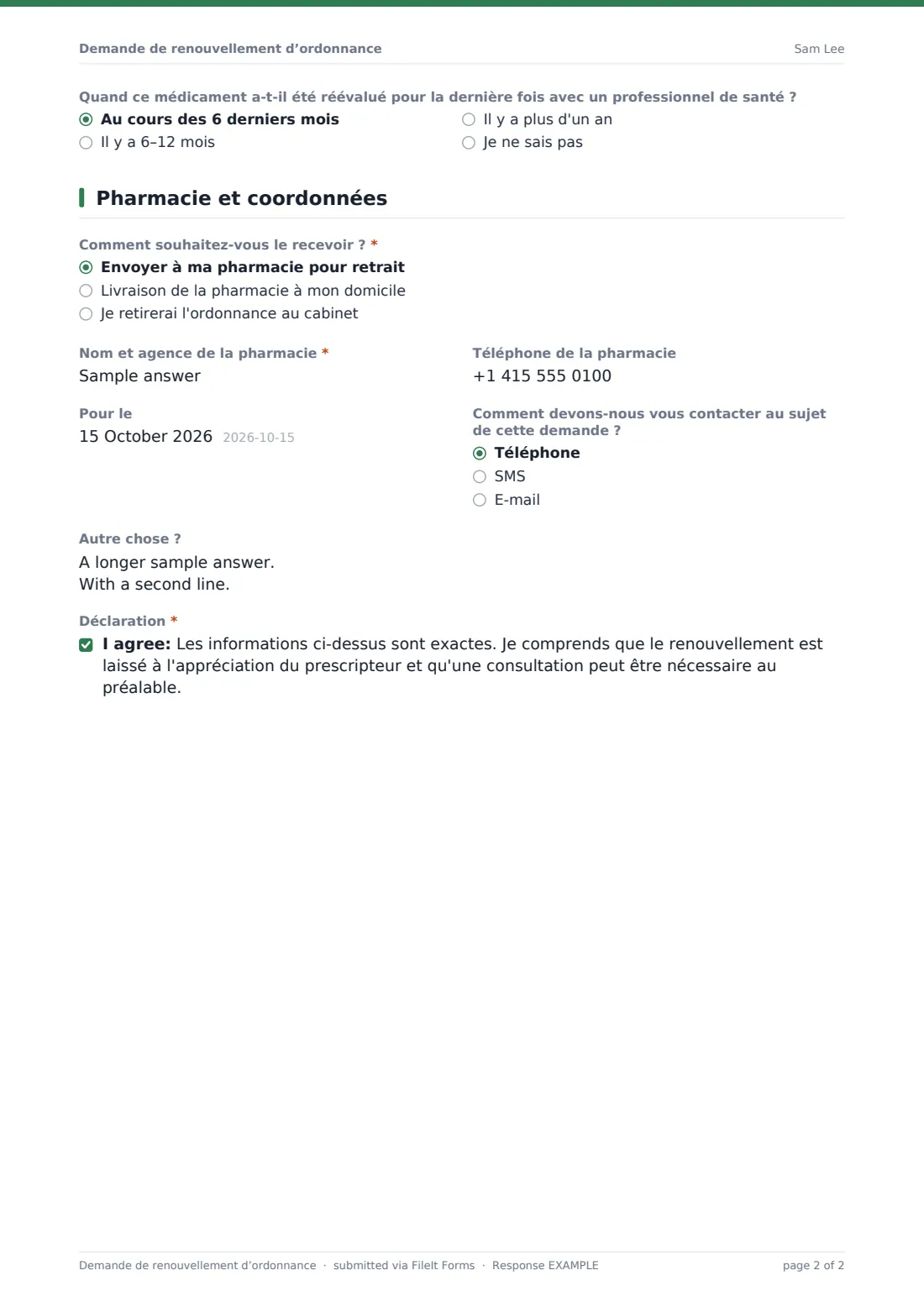 Demande de renouvellement d’ordonnance — exemple de réponse au format PDF, page 2 sur 2