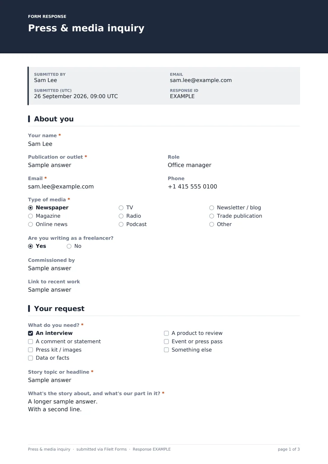 Press & media inquiry — example response PDF, page 1 of 3