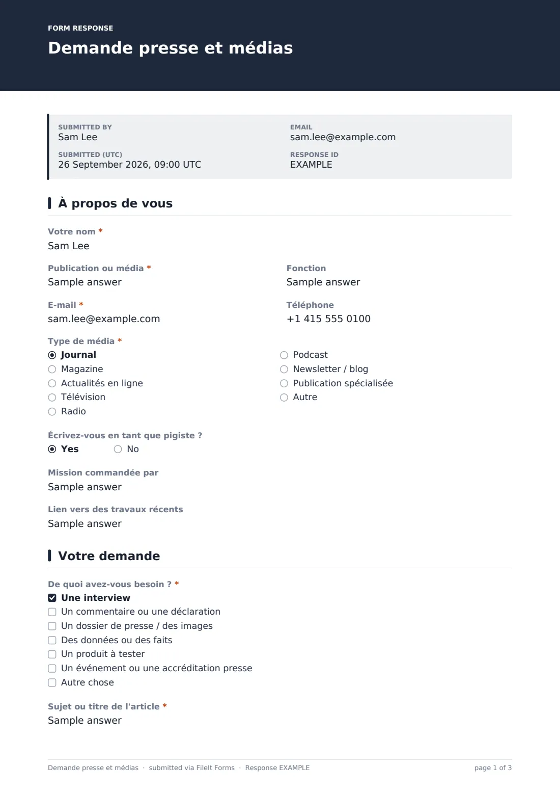 Demande presse et médias — exemple de réponse au format PDF, page 1 sur 3