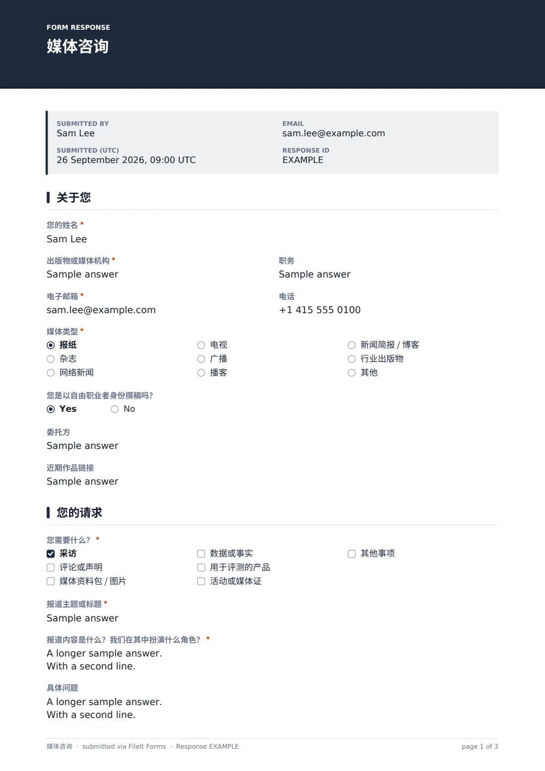 媒体咨询 — 示例回复 PDF，第 1 页，共 3 页