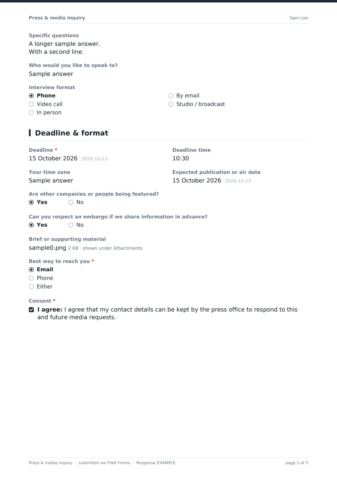 Press & media inquiry — example response PDF, page 2 of 3
