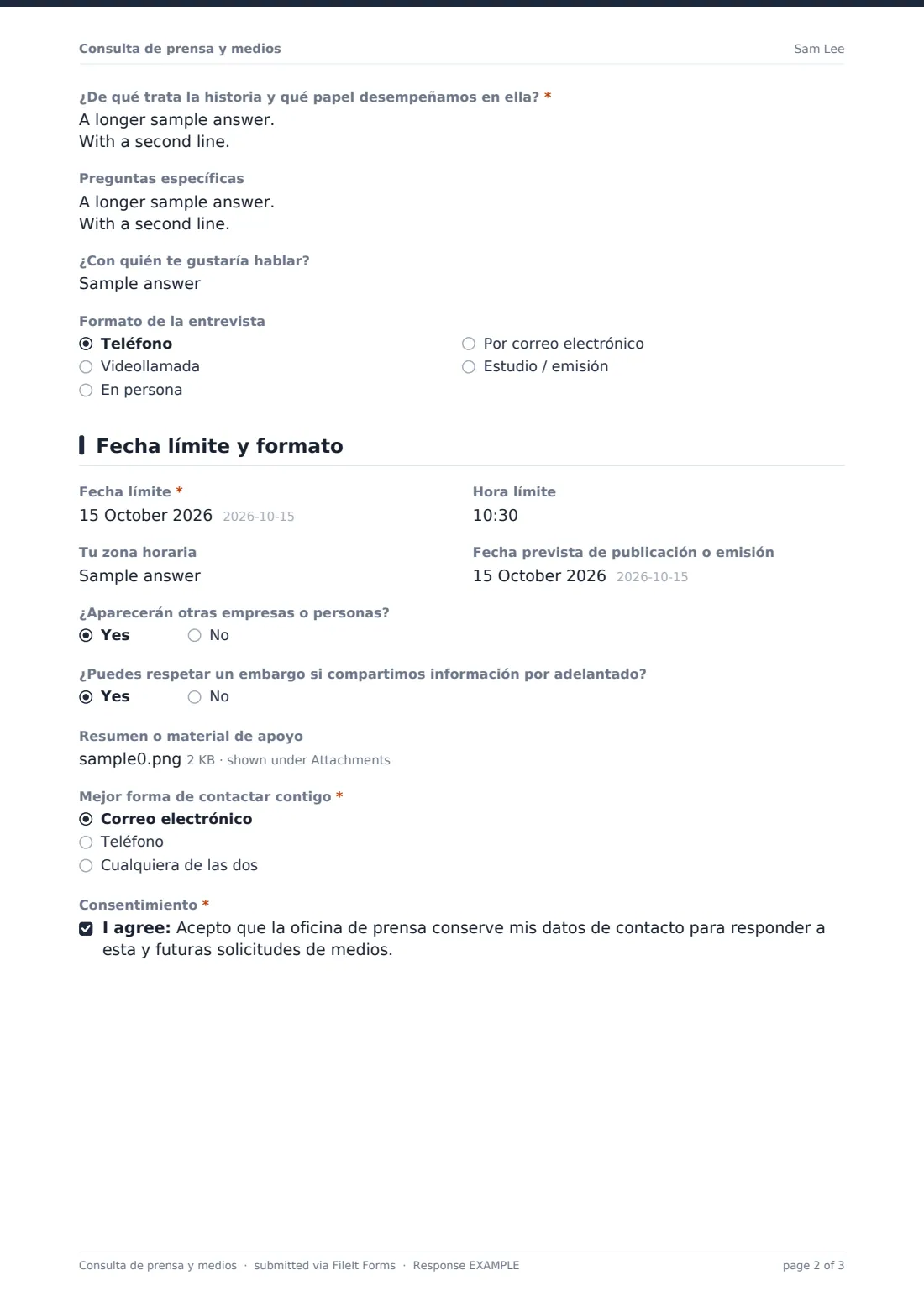 Consulta de prensa y medios — PDF de respuesta de ejemplo, página 2 de 3