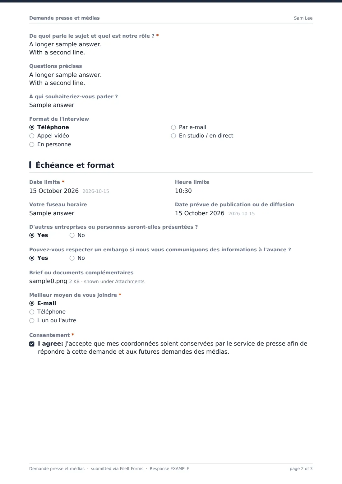 Demande presse et médias — exemple de réponse au format PDF, page 2 sur 3