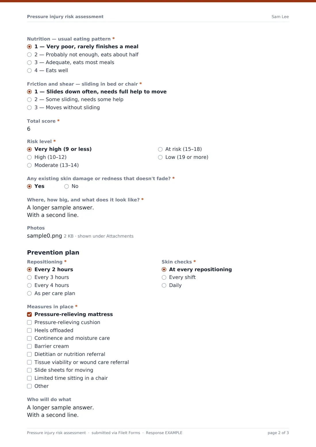 Pressure injury risk assessment — example response PDF, page 2 of 3
