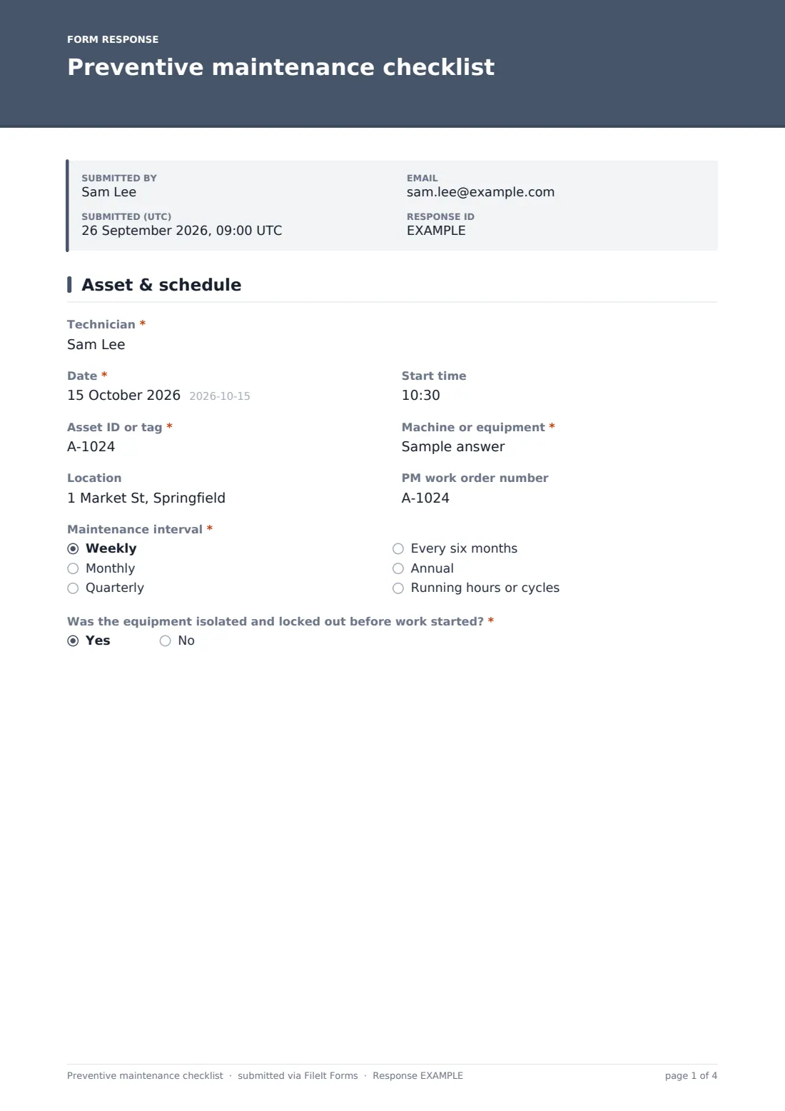 Preventive maintenance checklist — example response PDF, page 1 of 4