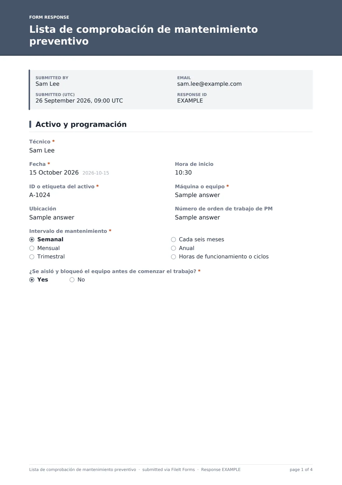 Lista de comprobación de mantenimiento preventivo — PDF de respuesta de ejemplo, página 1 de 4