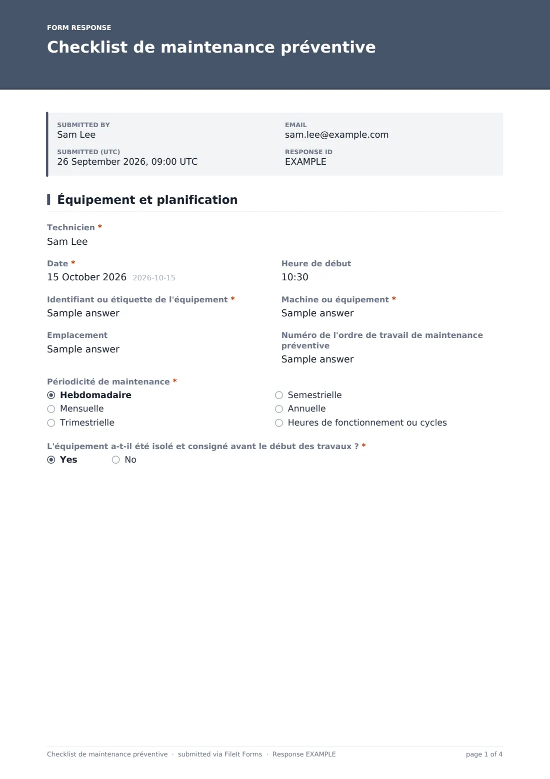 Checklist de maintenance préventive — exemple de réponse au format PDF, page 1 sur 4