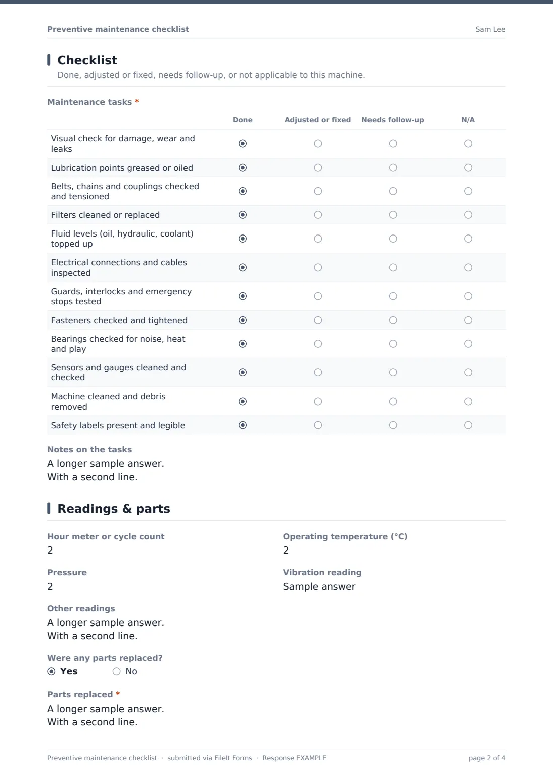 Preventive maintenance checklist — example response PDF, page 2 of 4