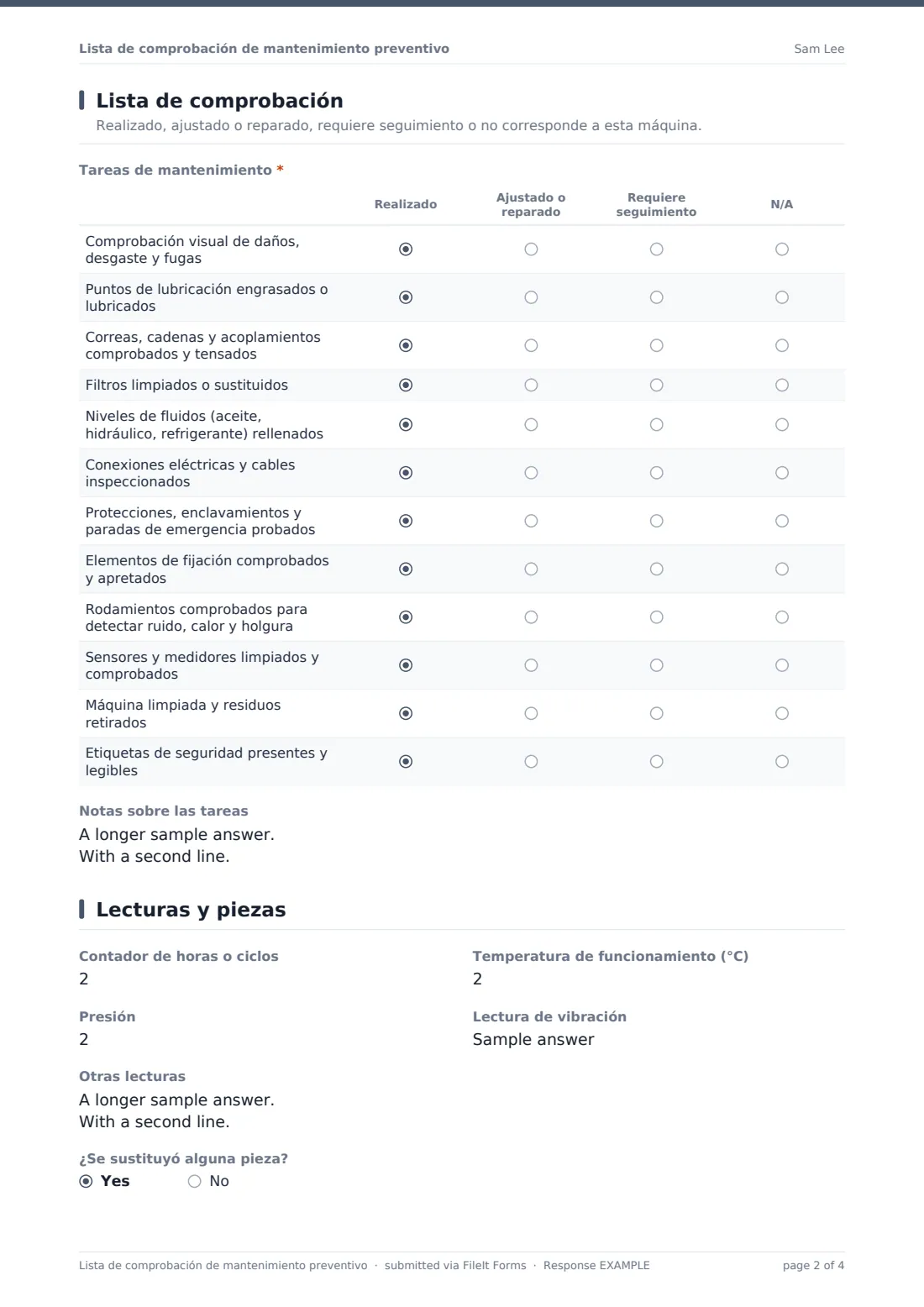 Lista de comprobación de mantenimiento preventivo — PDF de respuesta de ejemplo, página 2 de 4