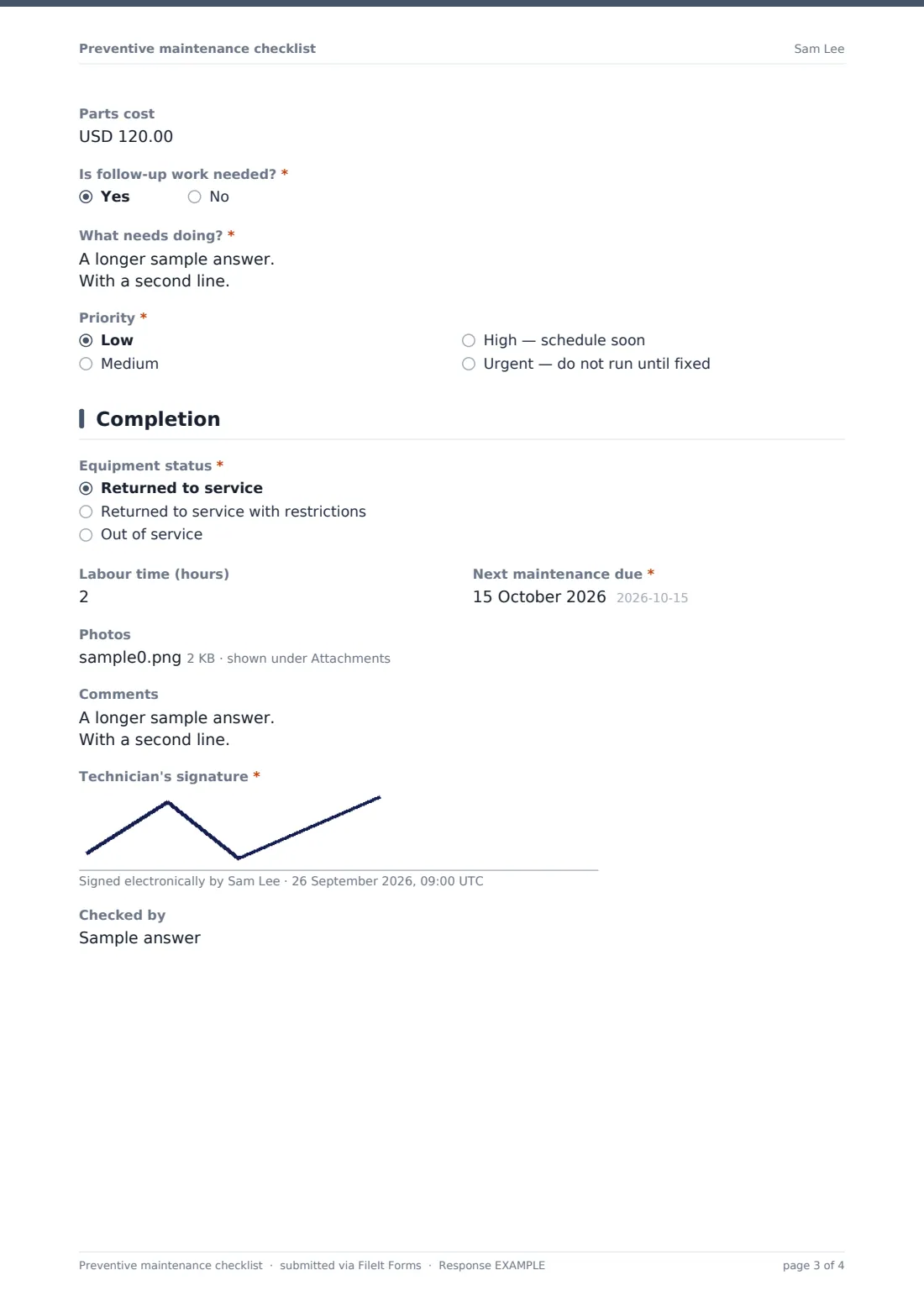 Preventive maintenance checklist — example response PDF, page 3 of 4
