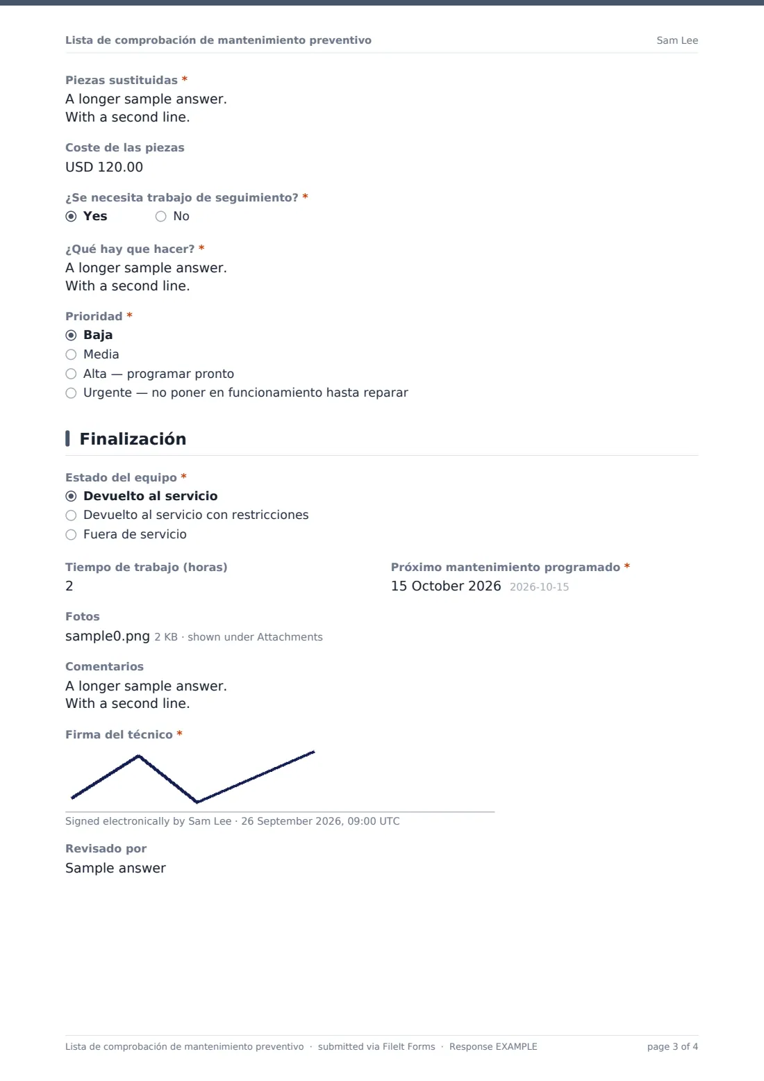 Lista de comprobación de mantenimiento preventivo — PDF de respuesta de ejemplo, página 3 de 4