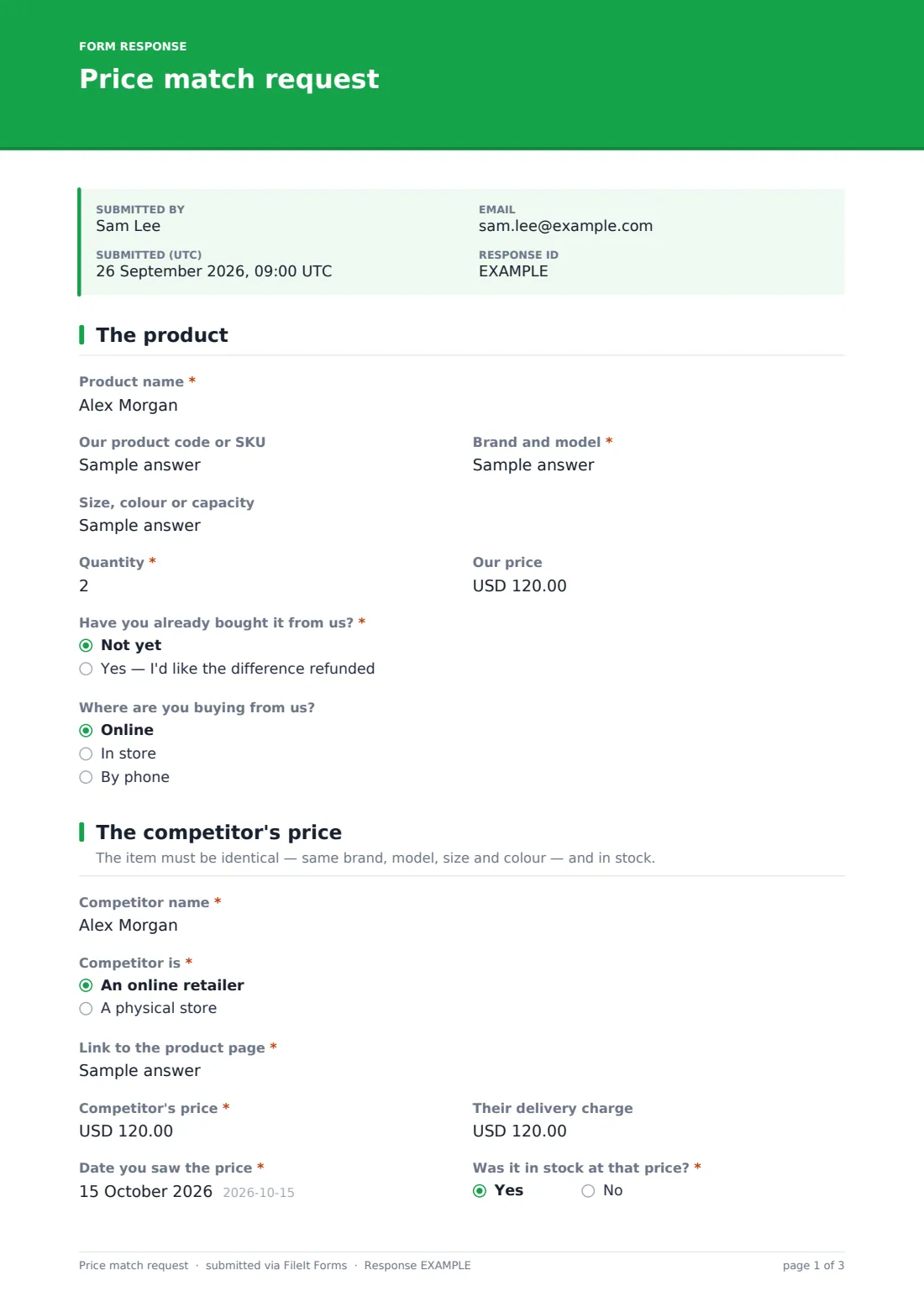 Price match request — example response PDF, page 1 of 3