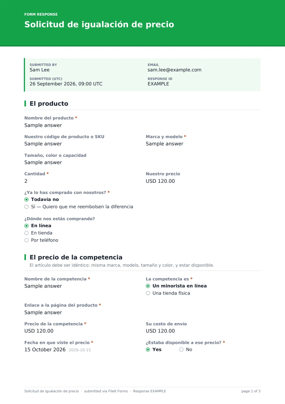 Solicitud de igualación de precio — PDF de respuesta de ejemplo, página 1 de 3