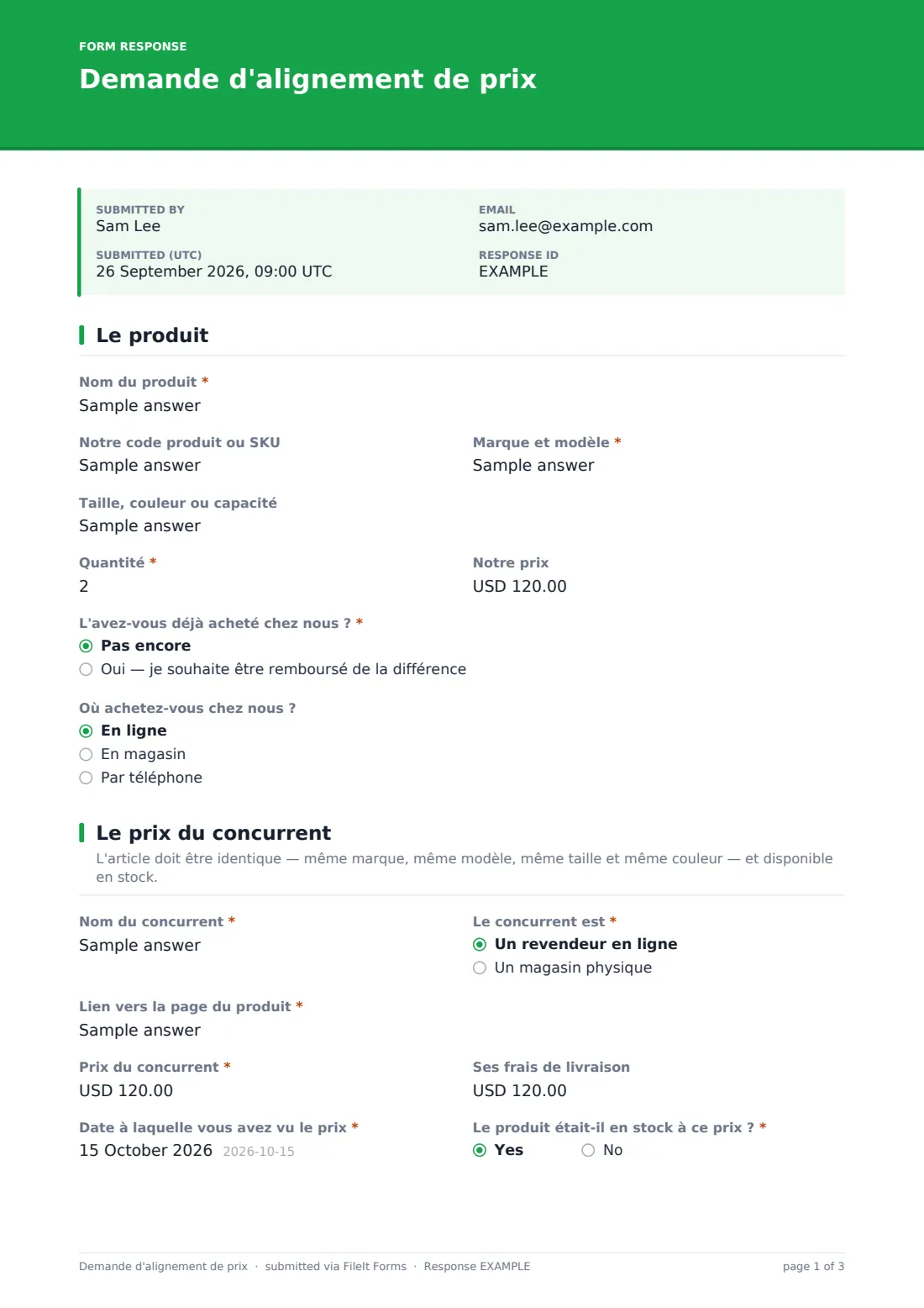 Demande d'alignement de prix — exemple de réponse au format PDF, page 1 sur 3