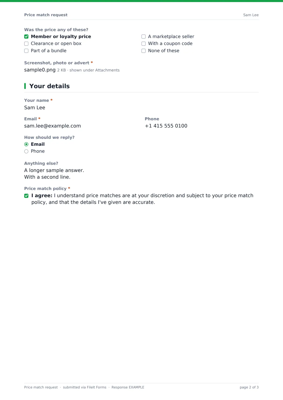 Price match request — example response PDF, page 2 of 3