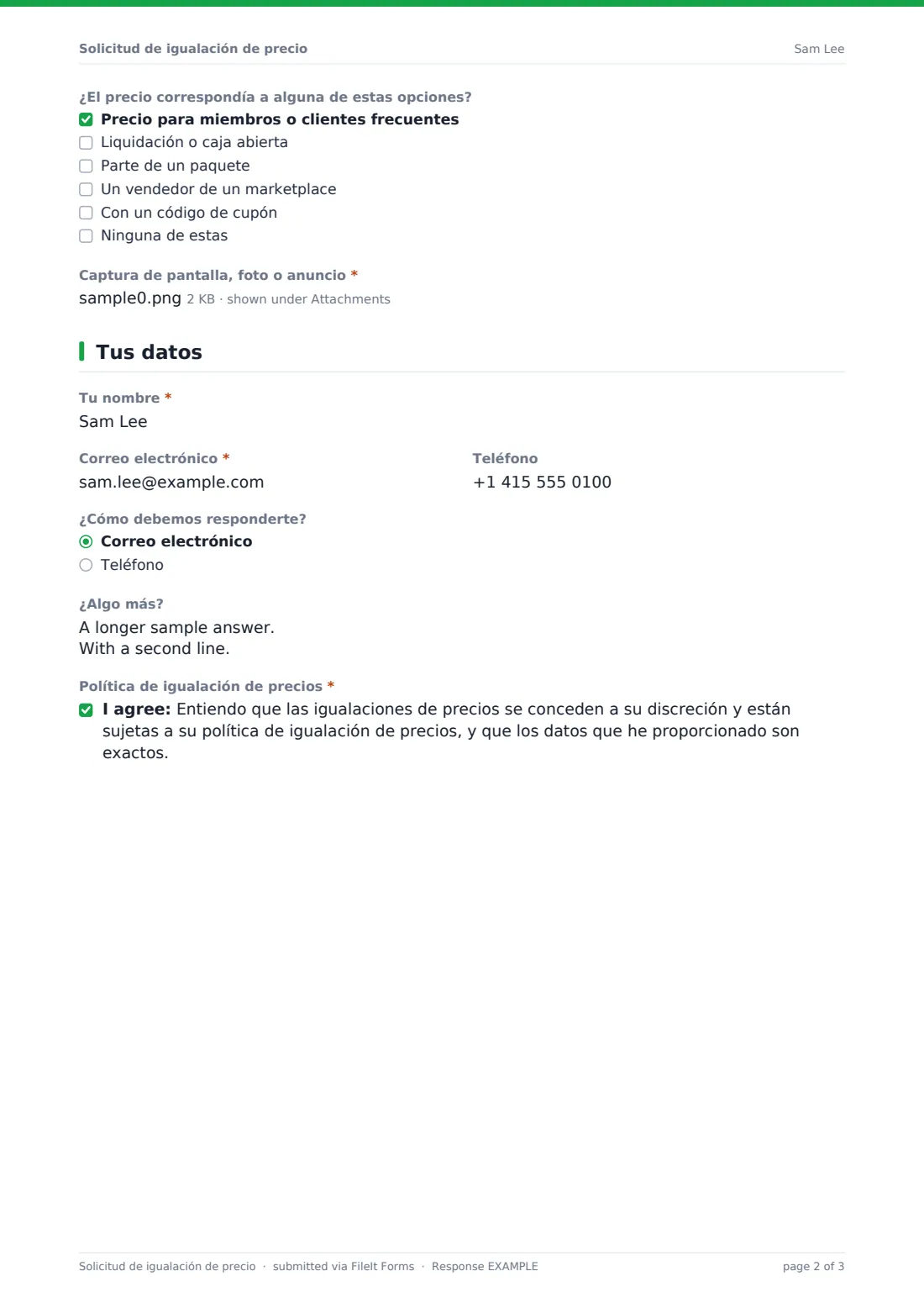 Solicitud de igualación de precio — PDF de respuesta de ejemplo, página 2 de 3