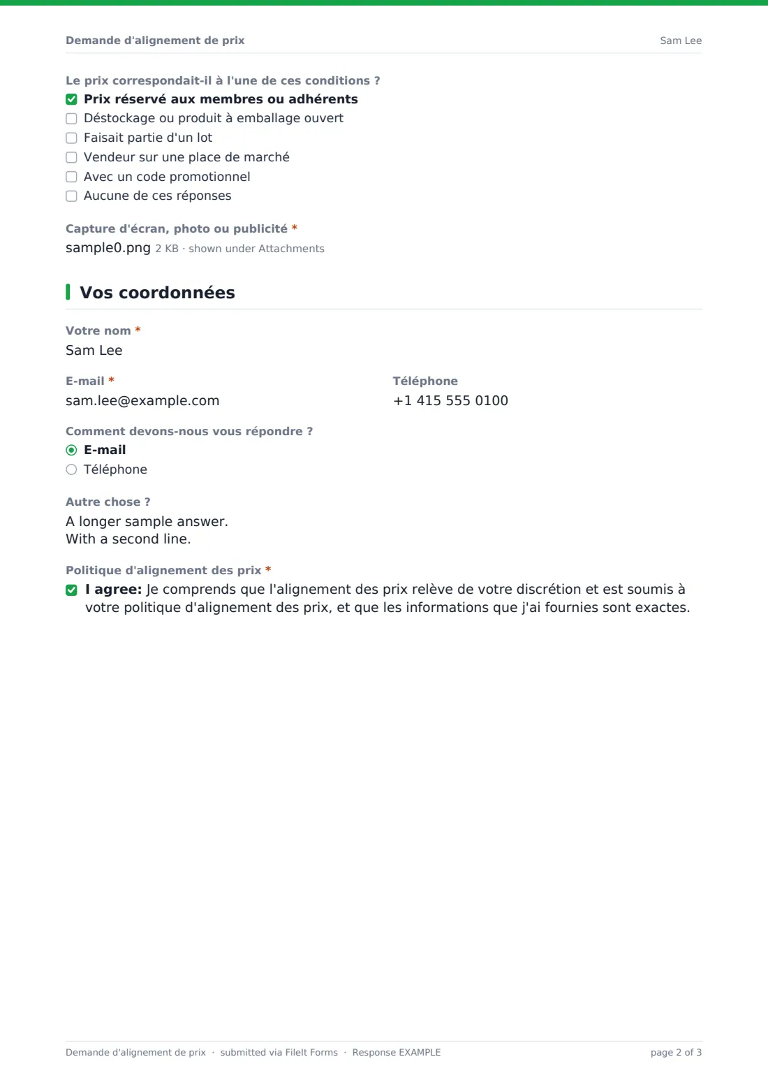 Demande d'alignement de prix — exemple de réponse au format PDF, page 2 sur 3
