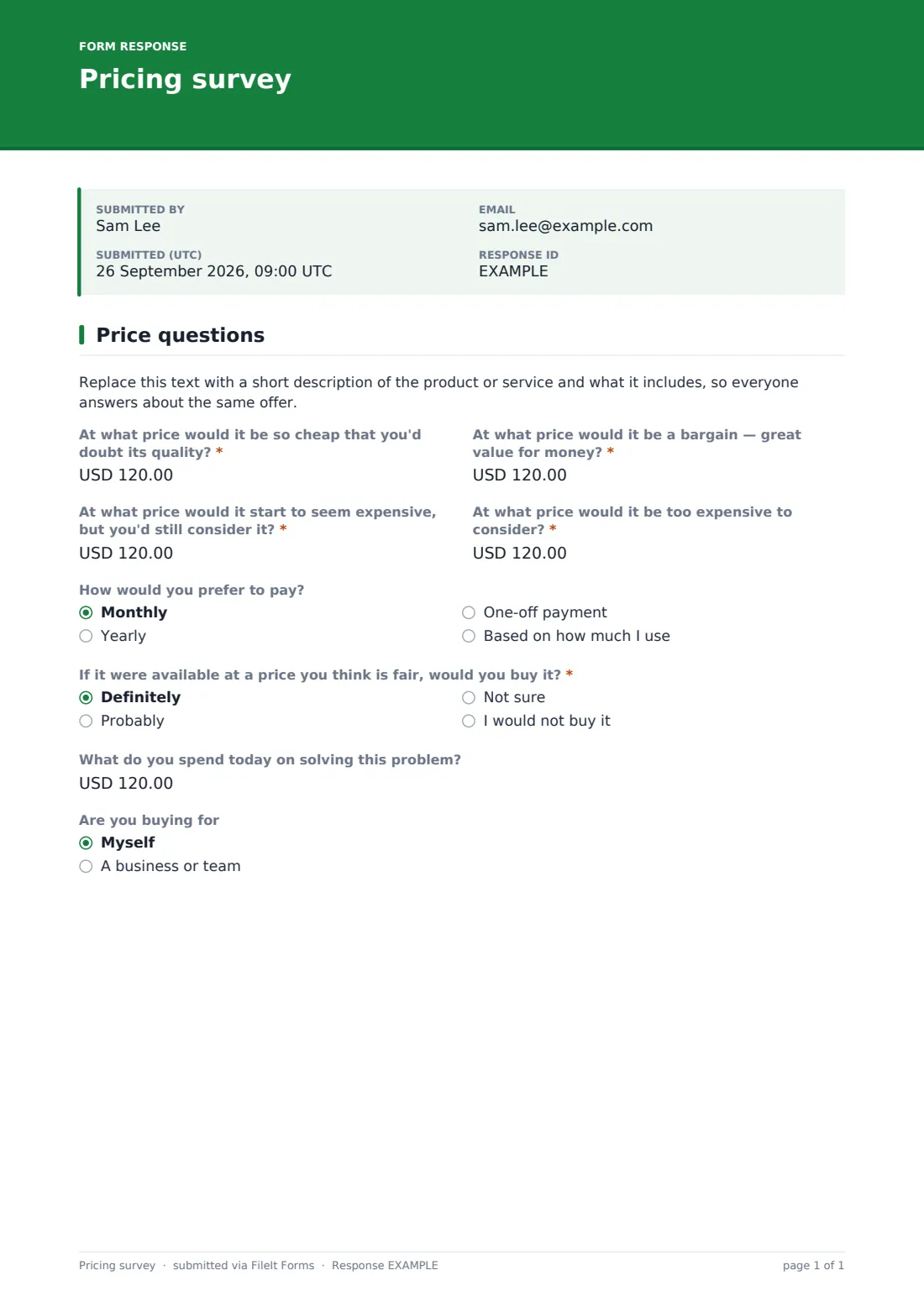 Pricing survey — example response PDF, page 1 of 1