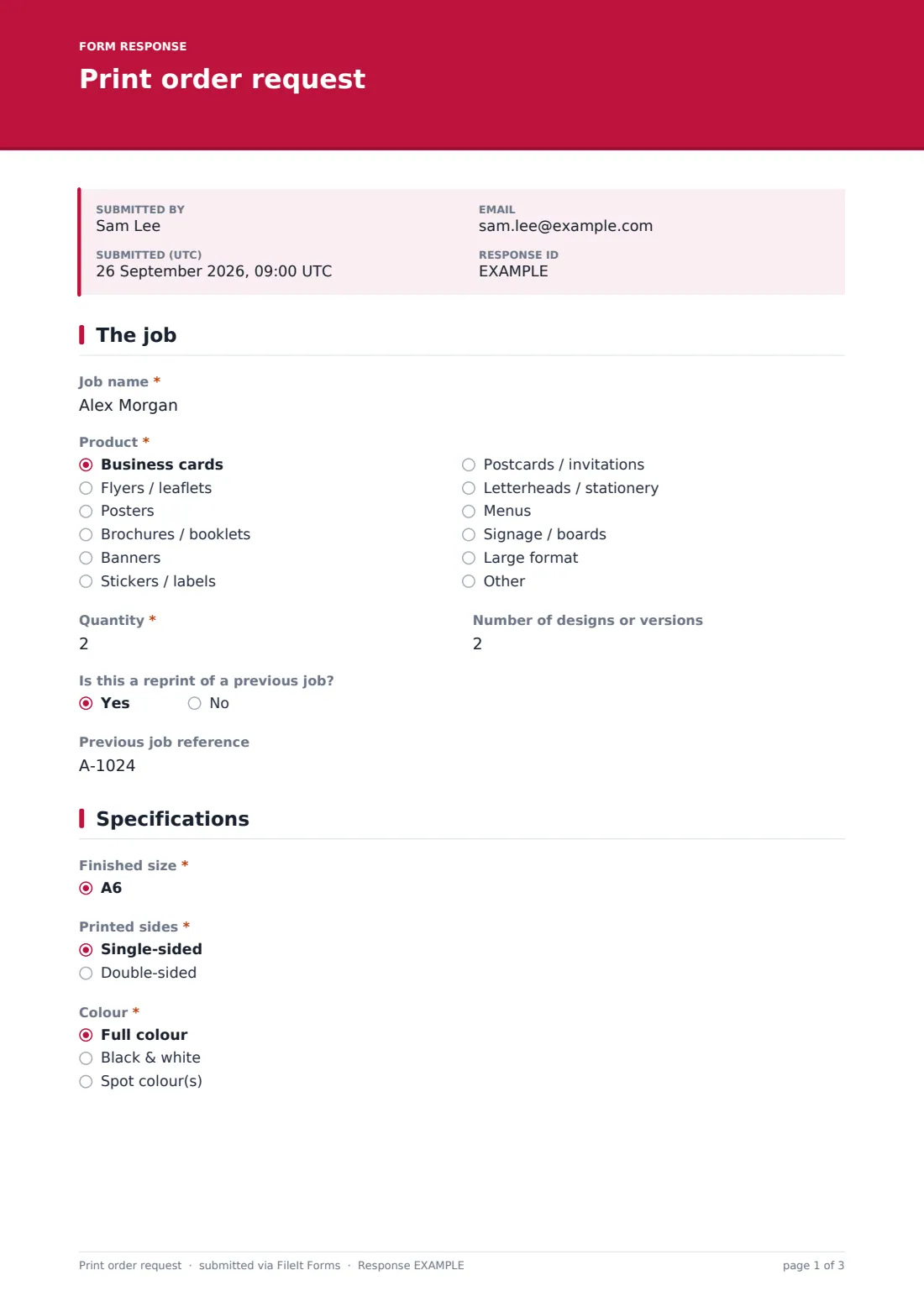 Print order request — example response PDF, page 1 of 3