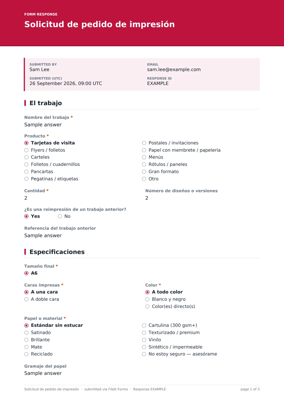 Solicitud de pedido de impresión — PDF de respuesta de ejemplo, página 1 de 3