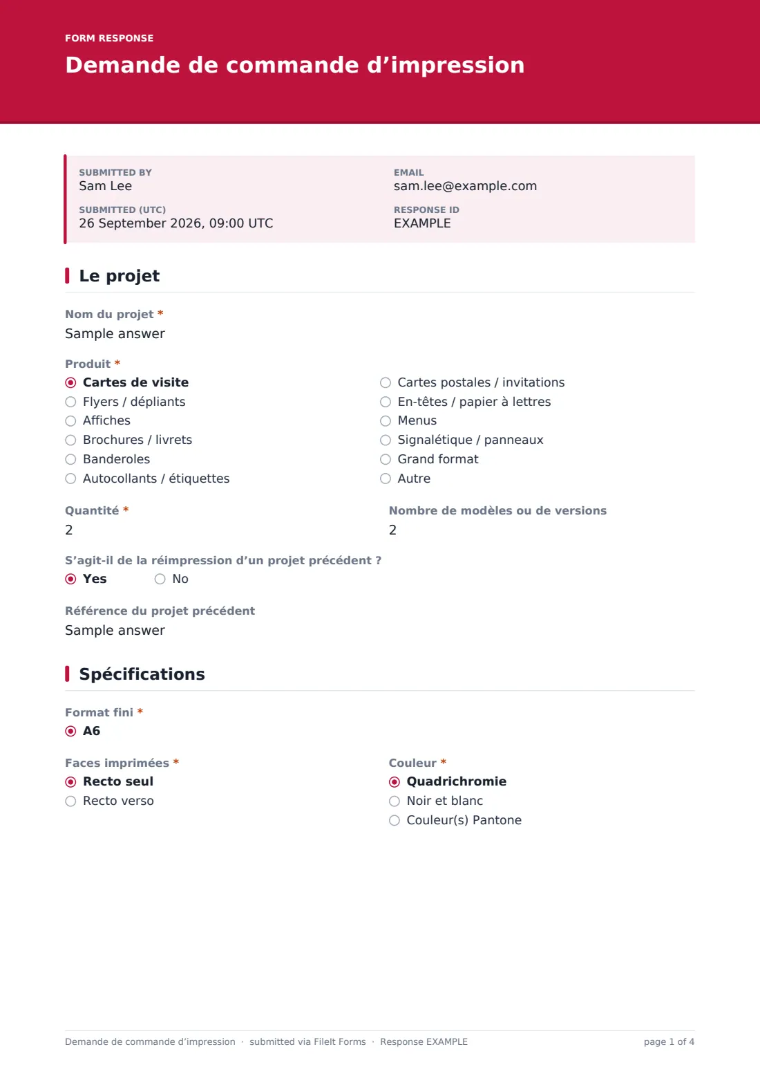 Demande de commande d’impression — exemple de réponse au format PDF, page 1 sur 4